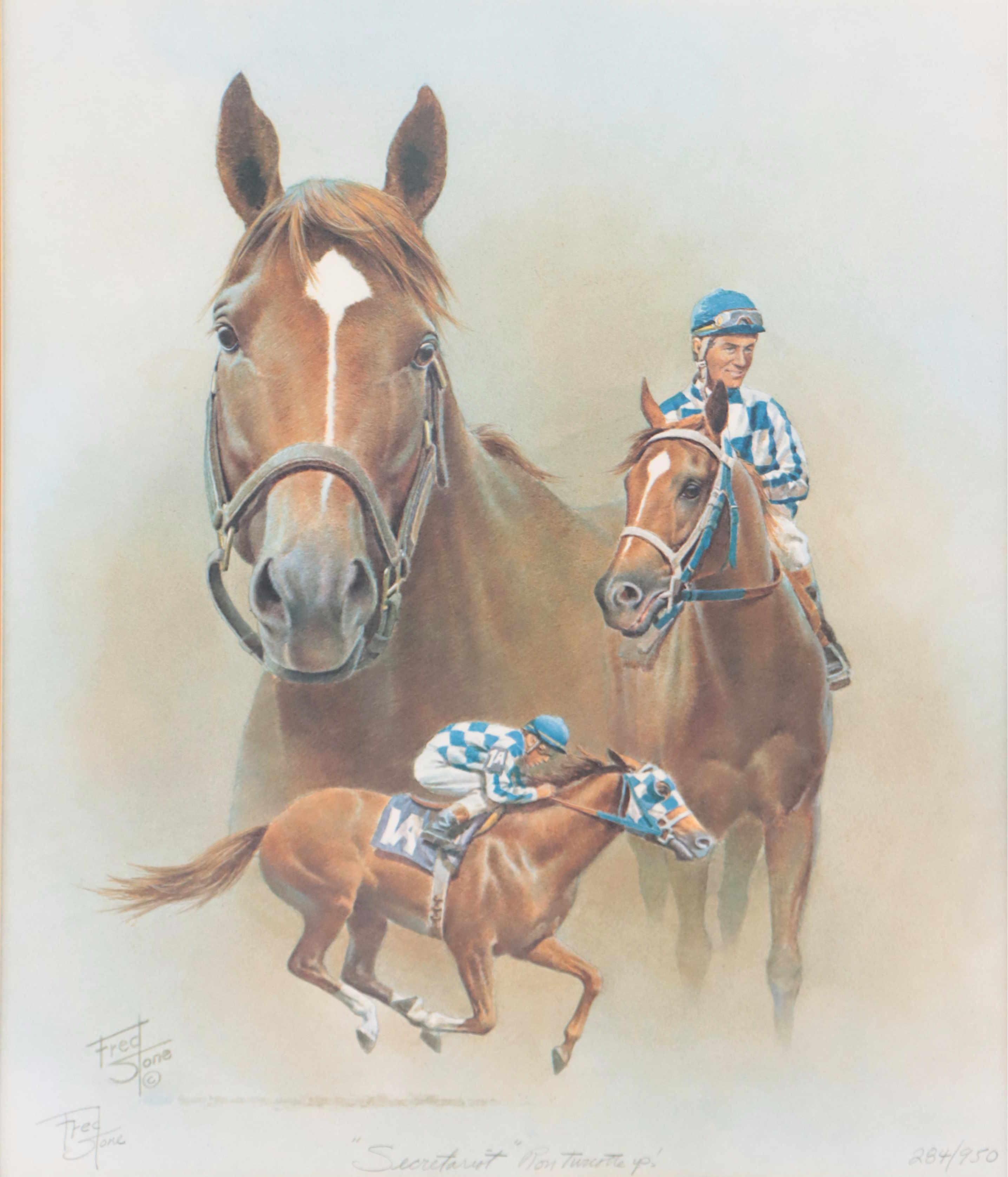 Fred Stone Offset Lithograph of Horse Race "Secretariat: Ron Turcotte up!"