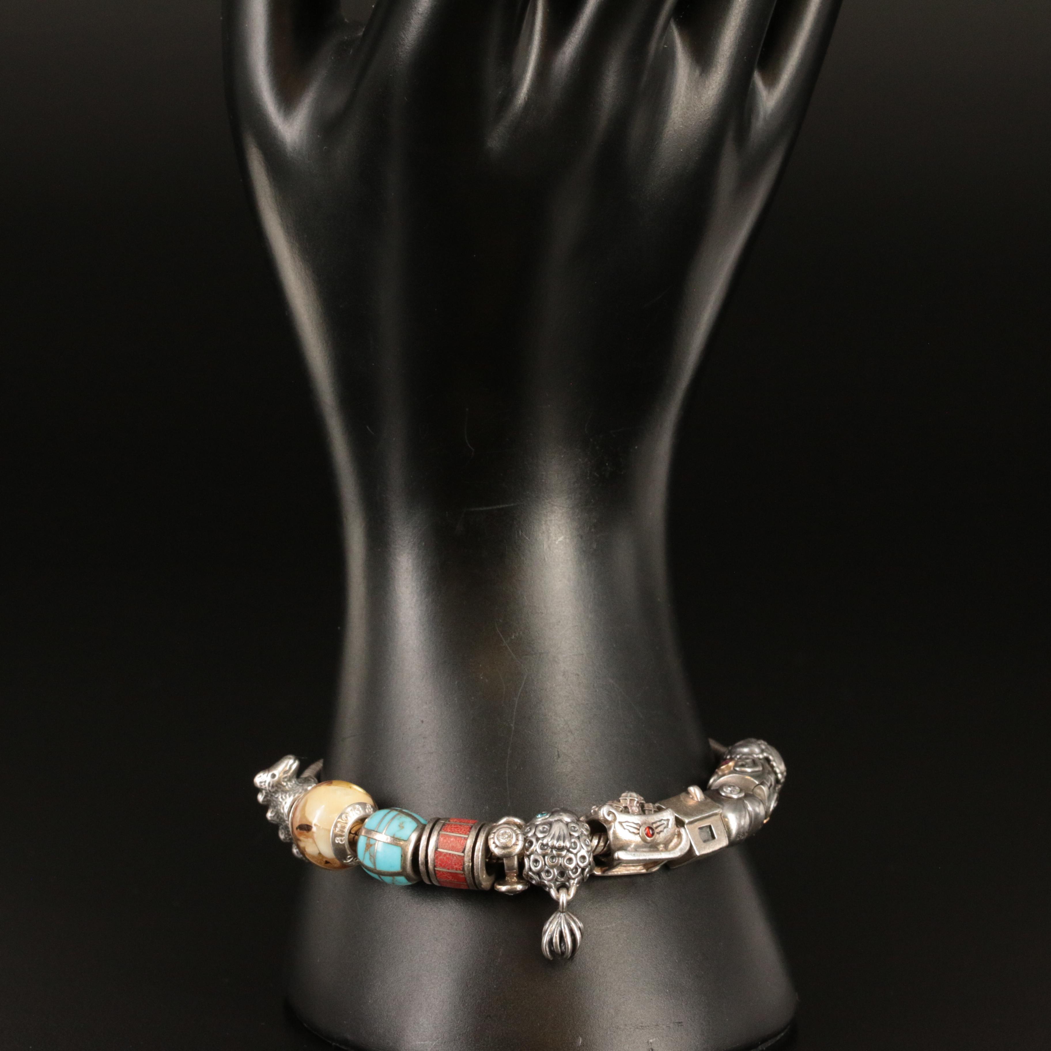 Pandora Sterling Charm Bracelet Including Dinosaur, Fish and Santa's Sleigh