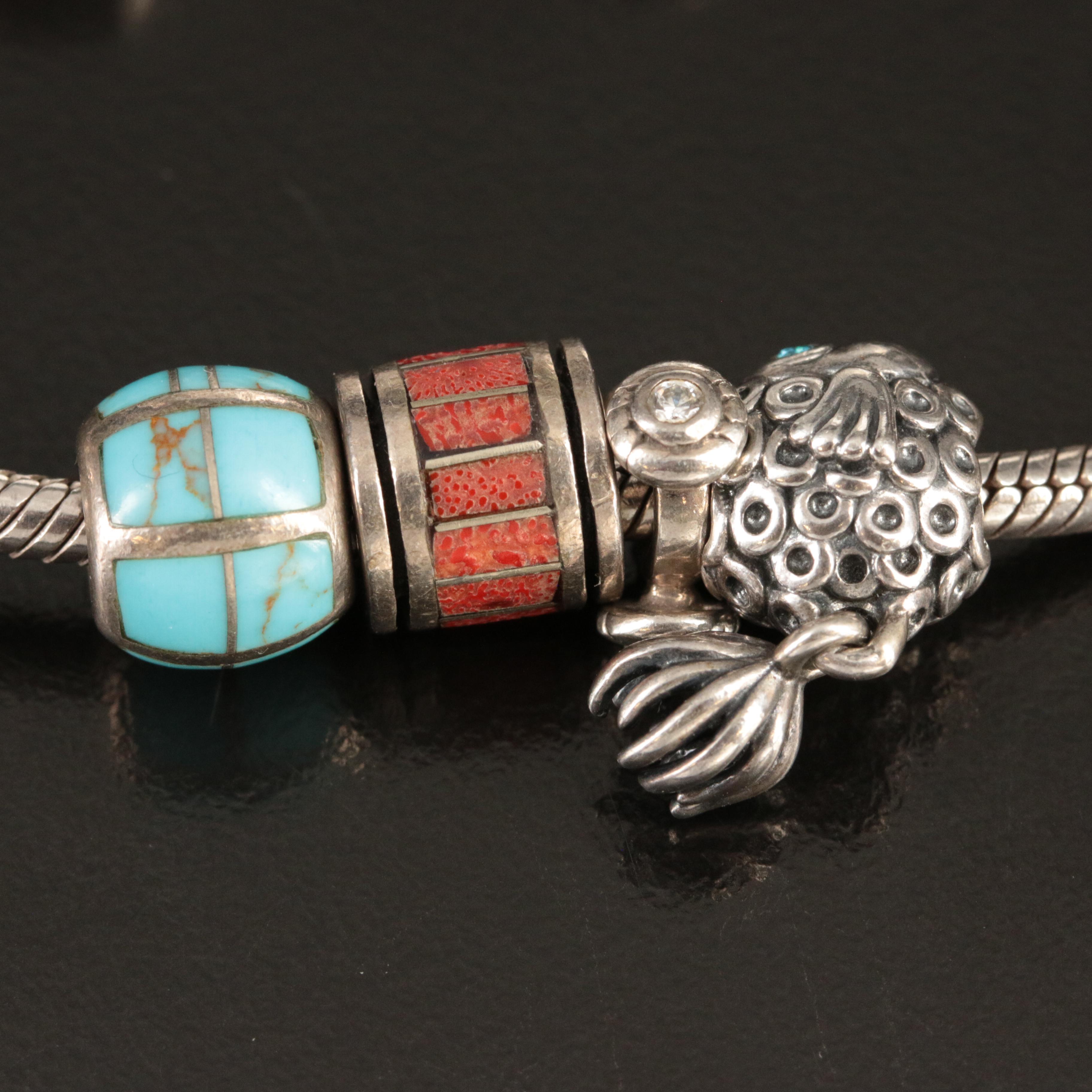 Pandora Sterling Charm Bracelet Including Dinosaur, Fish and Santa's Sleigh