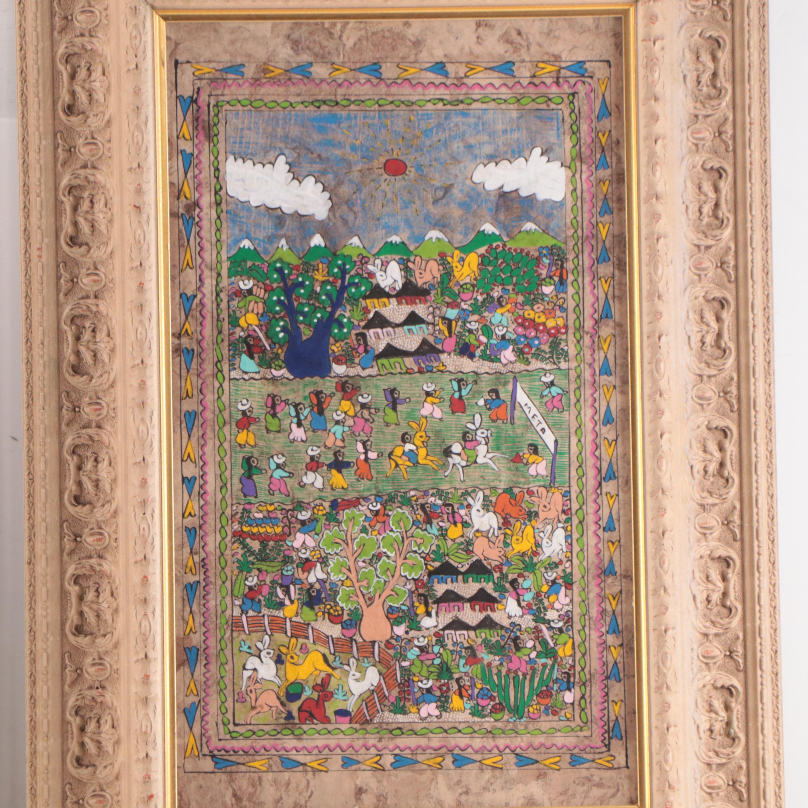 Mexican Folk Art Gouache Paintings of Town Gatherings