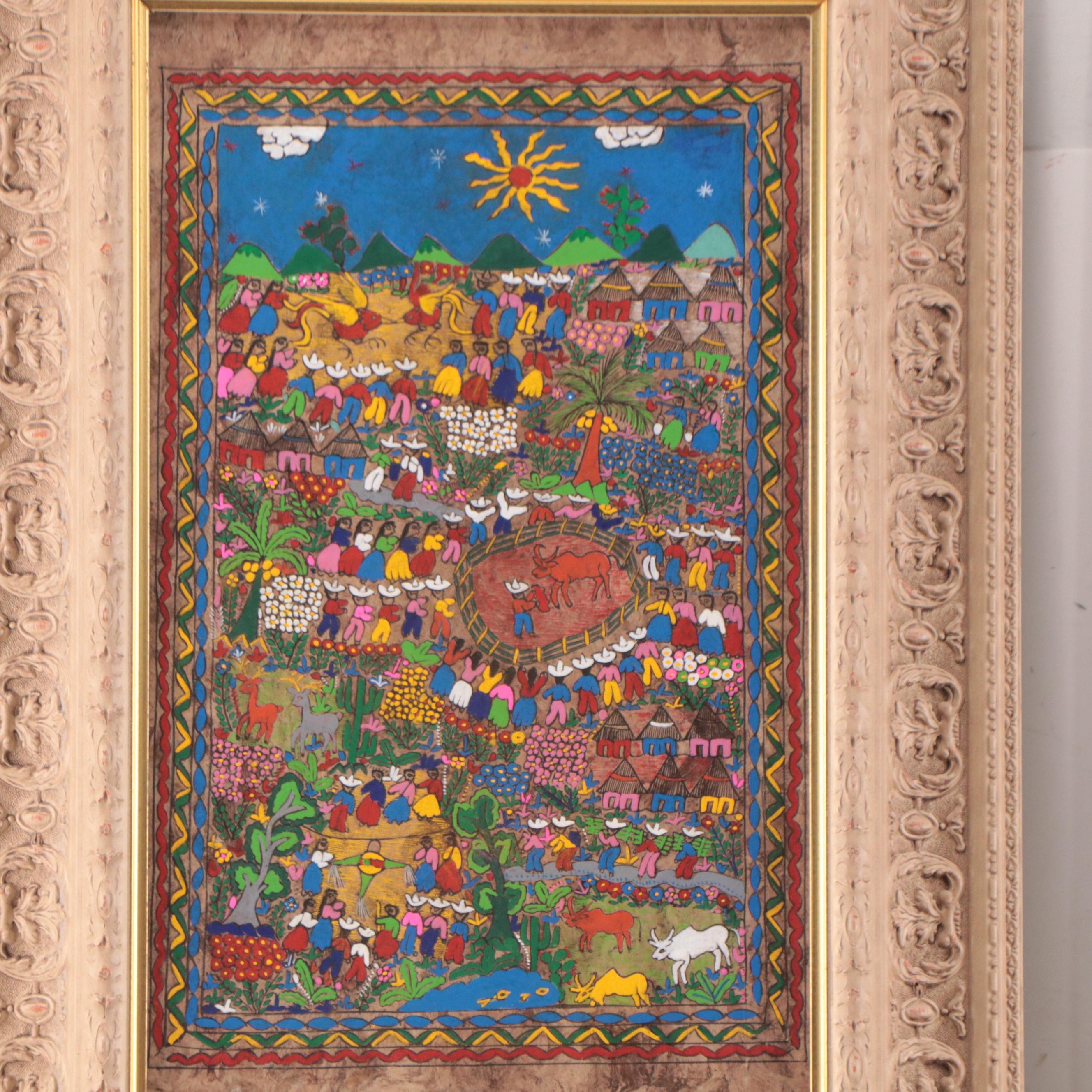Mexican Folk Art Gouache Paintings of Town Gatherings