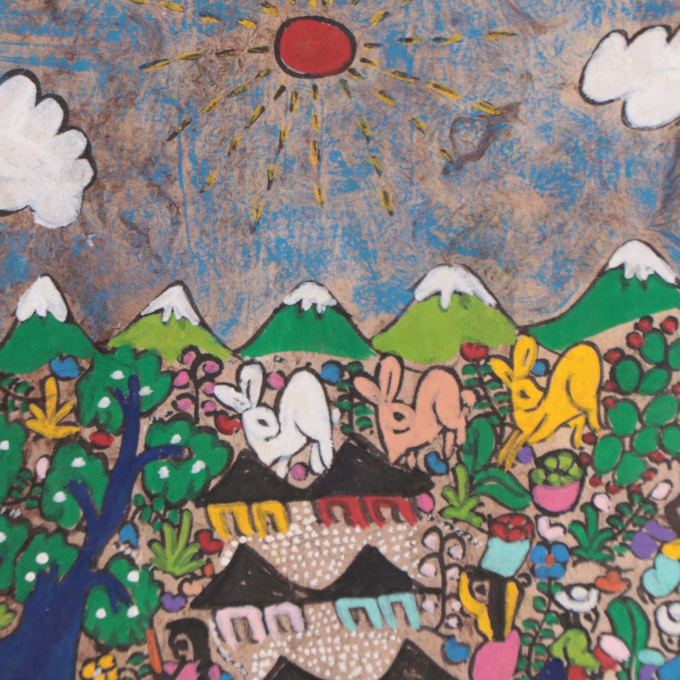 Mexican Folk Art Gouache Paintings of Town Gatherings