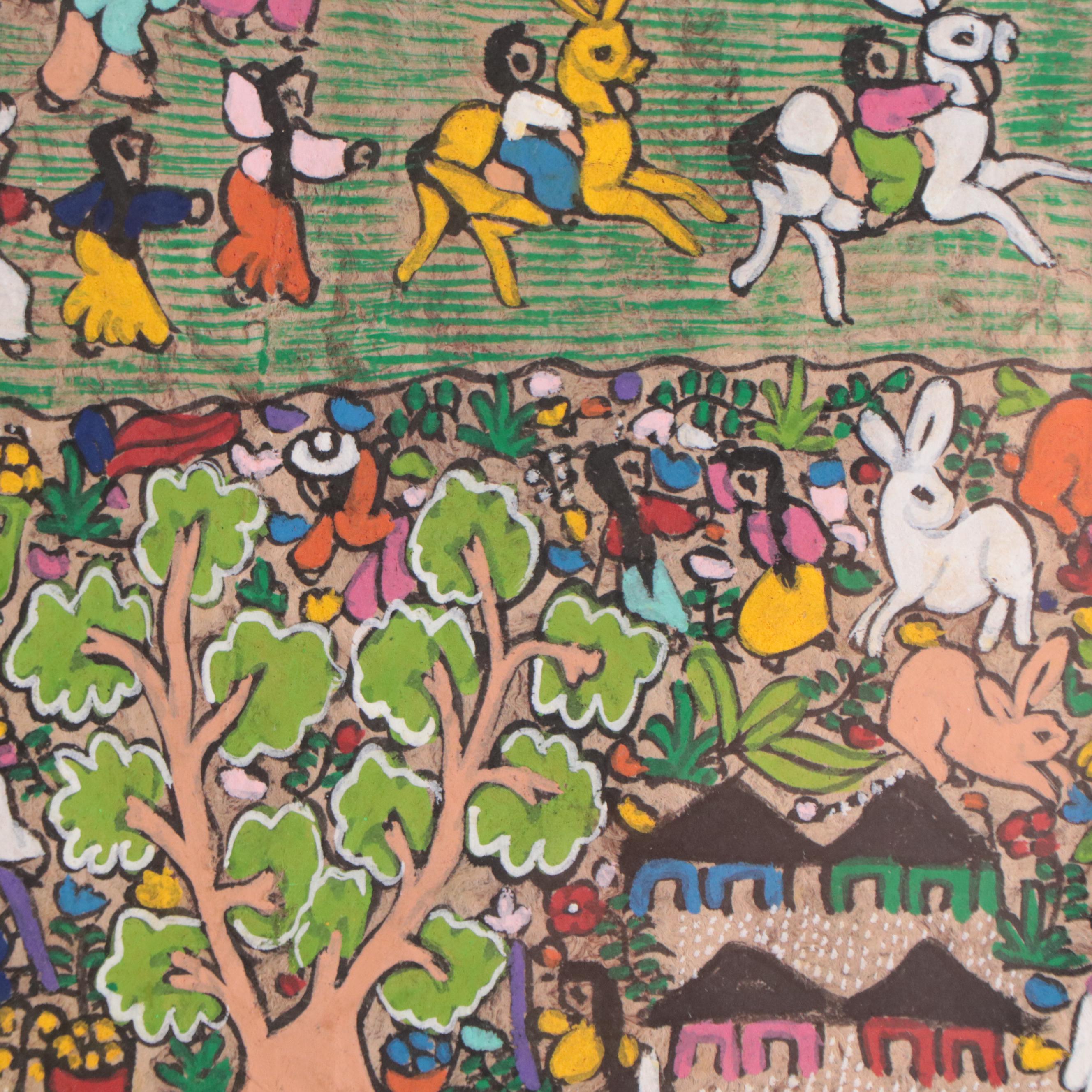 Mexican Folk Art Gouache Paintings of Town Gatherings