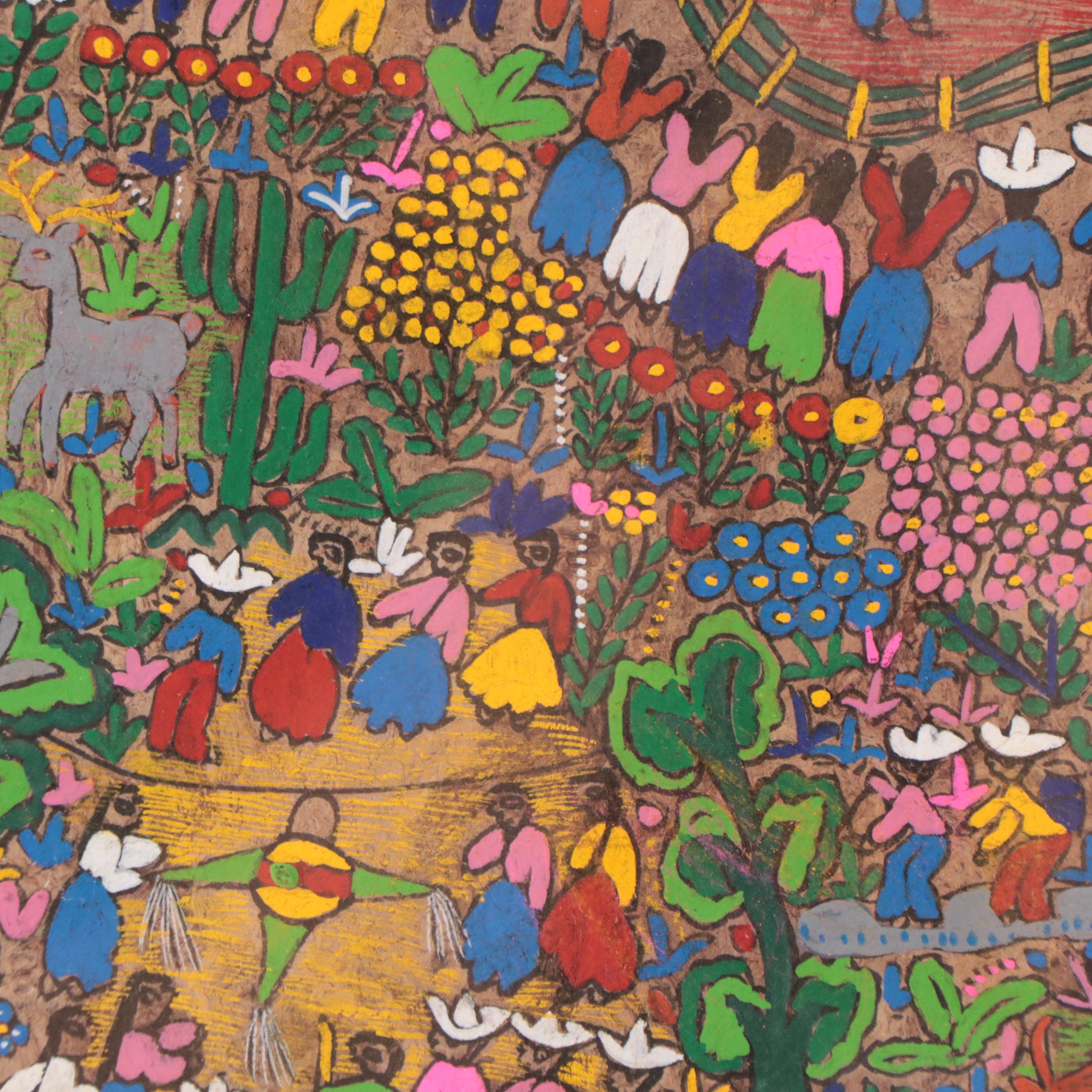 Mexican Folk Art Gouache Paintings of Town Gatherings