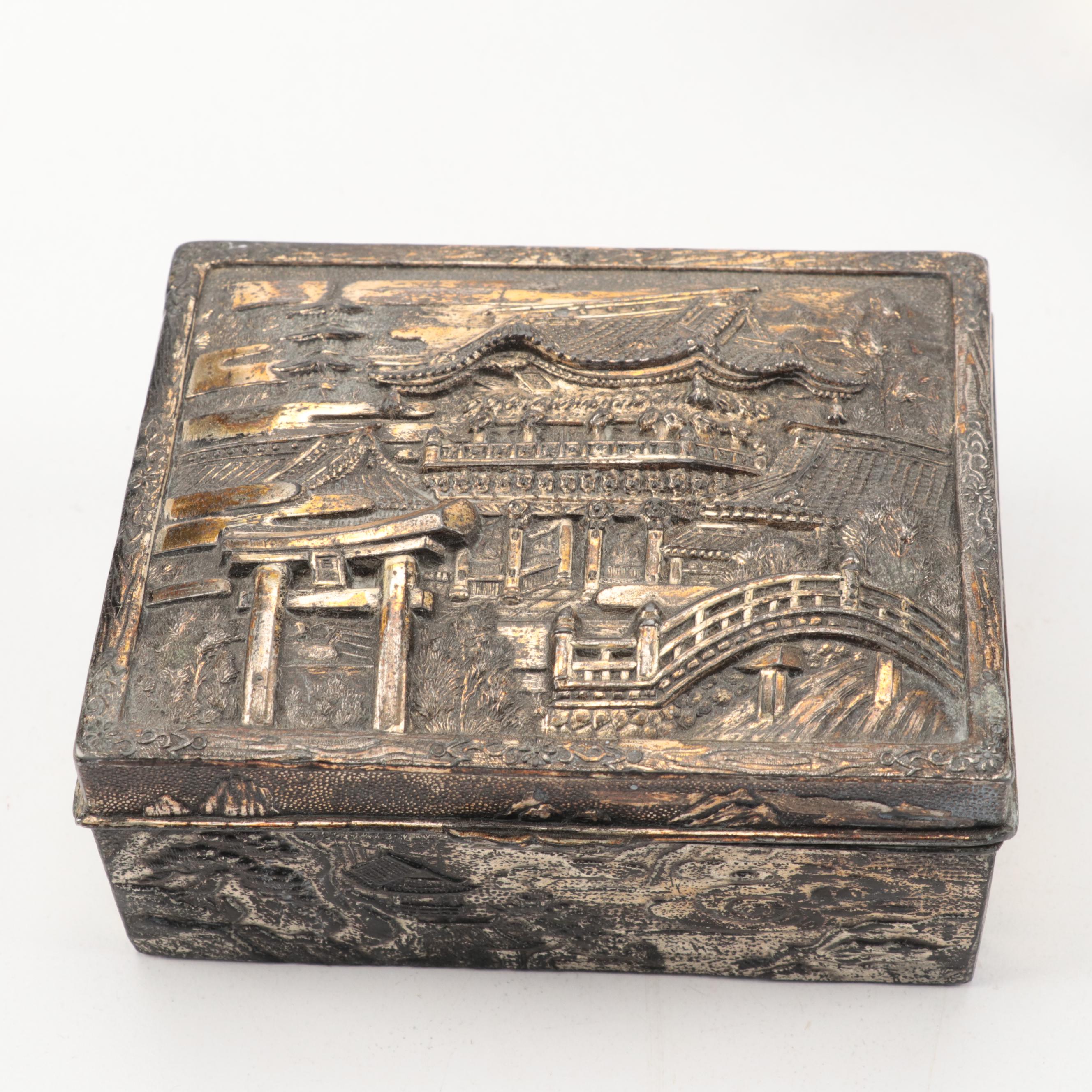 Engraved Chinese Cigarette Boxes with Elaborate Metalwork Japanese Box