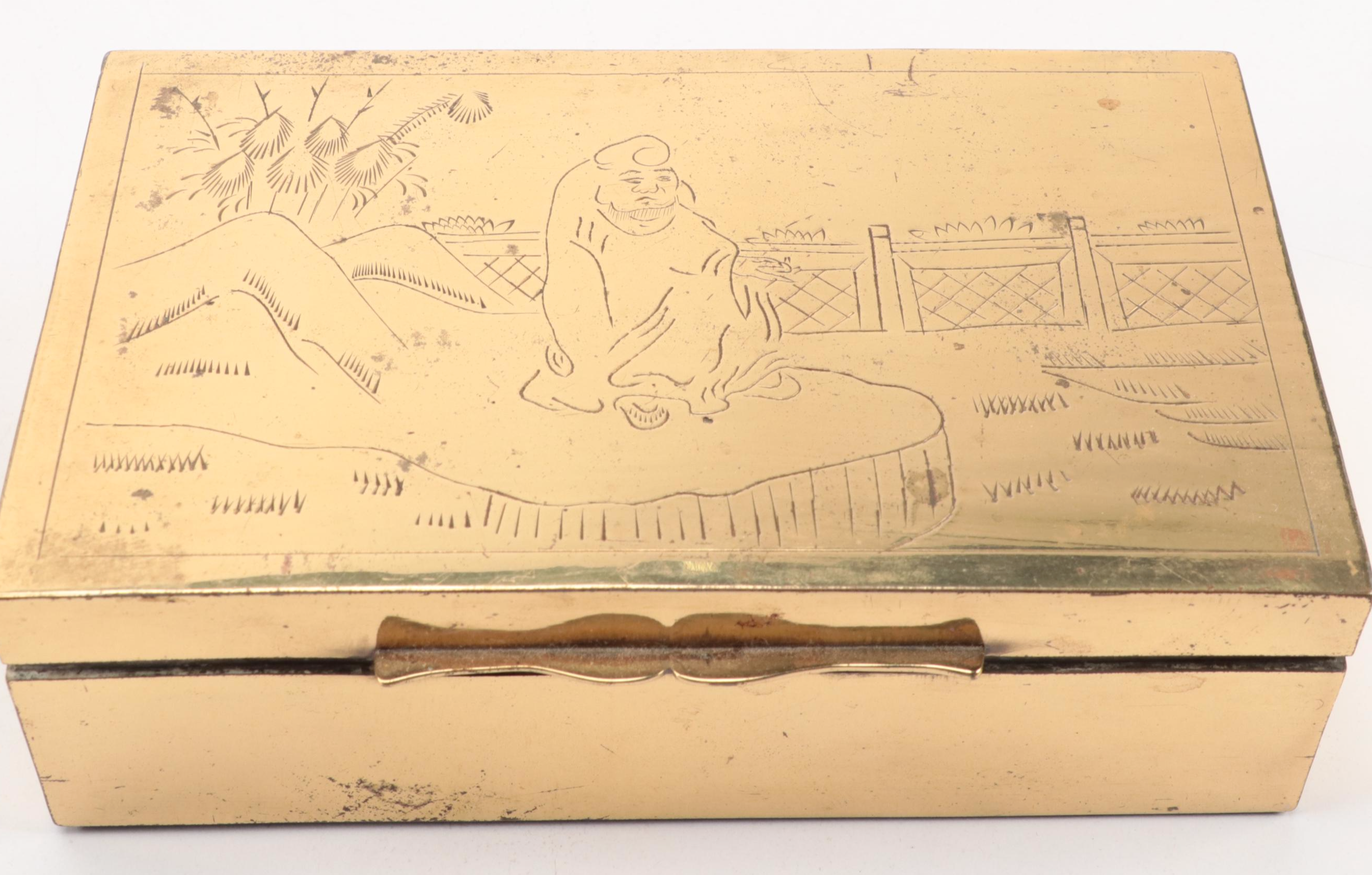 Engraved Chinese Cigarette Boxes with Elaborate Metalwork Japanese Box