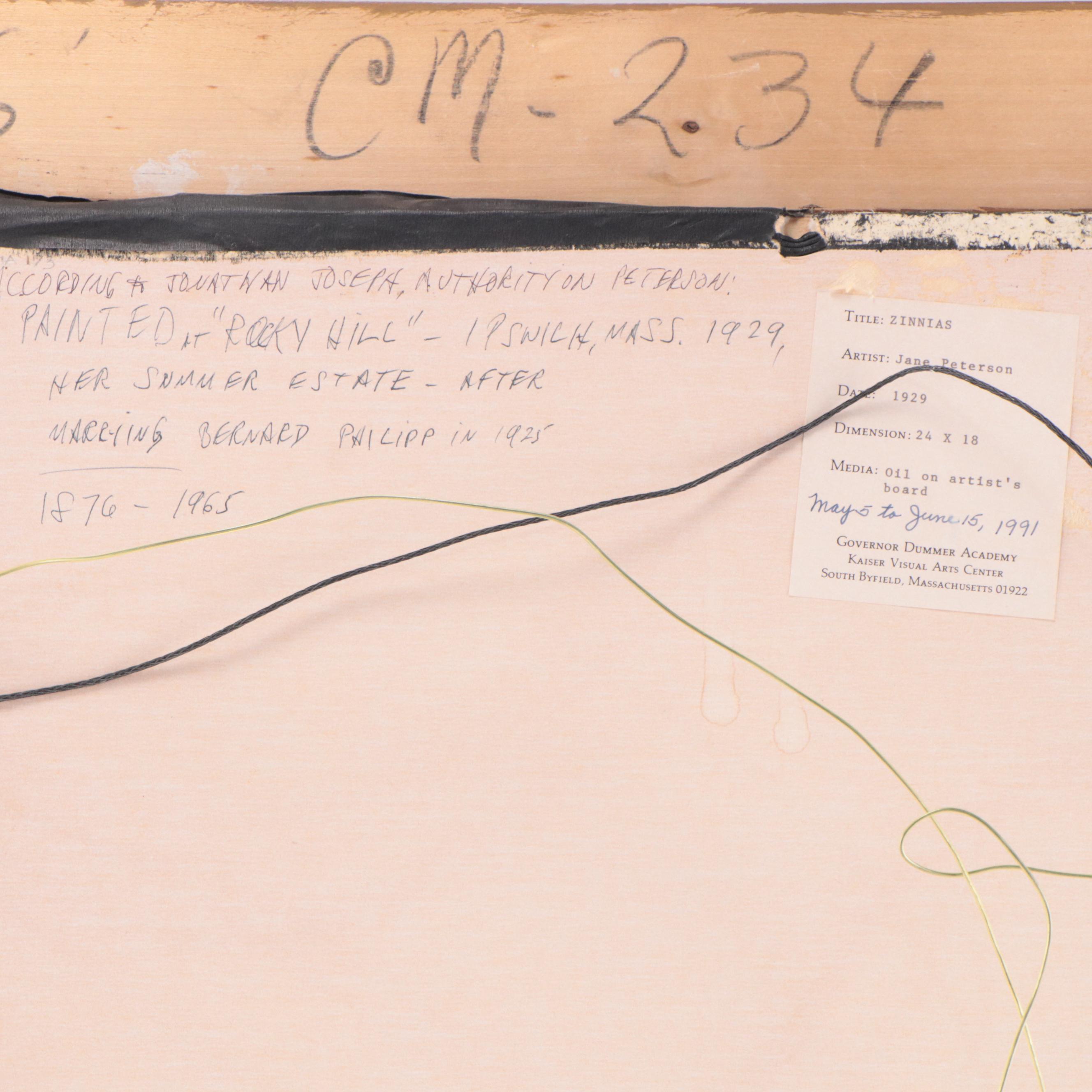 Jane Peterson Oil Painting "Zinnias," 1929