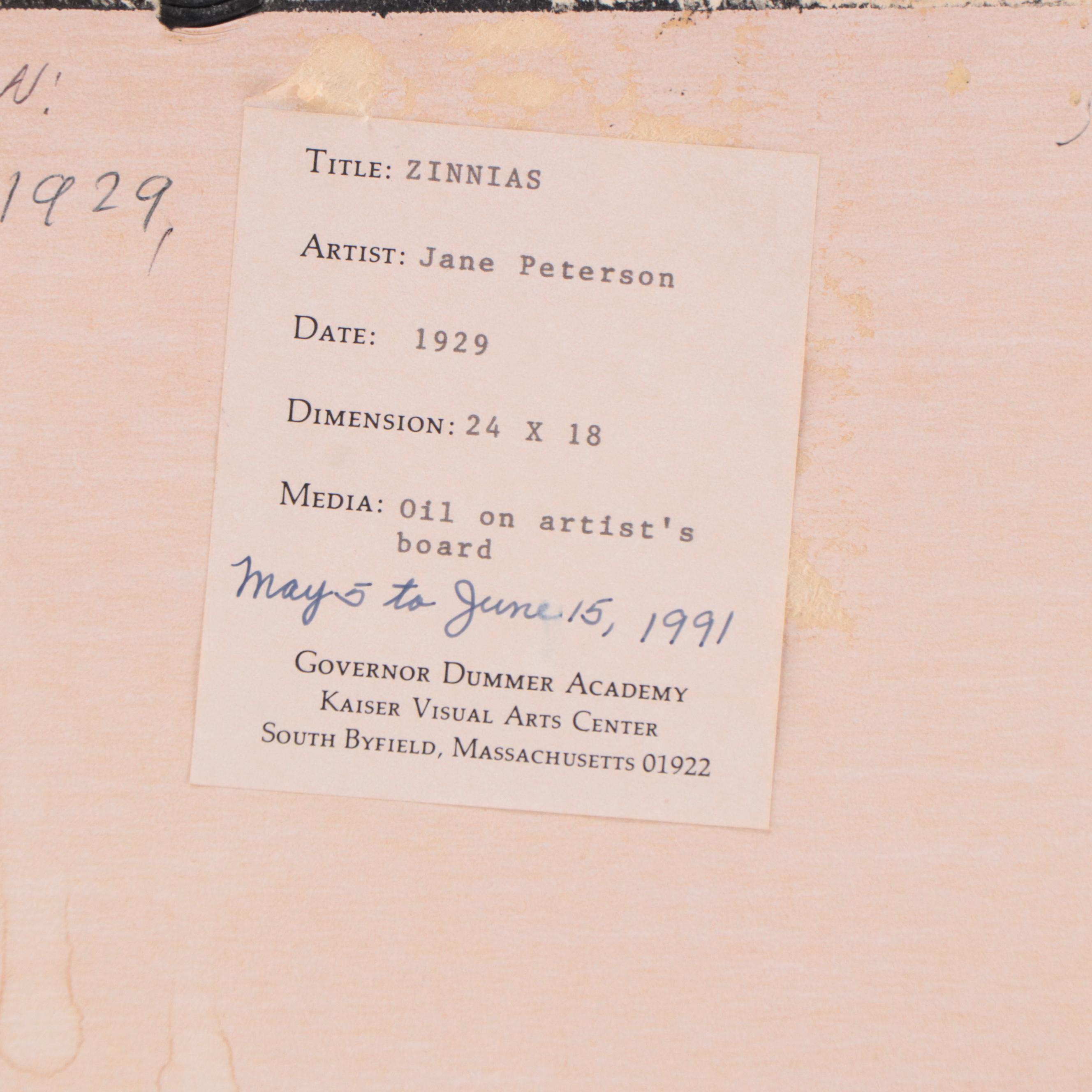 Jane Peterson Oil Painting "Zinnias," 1929