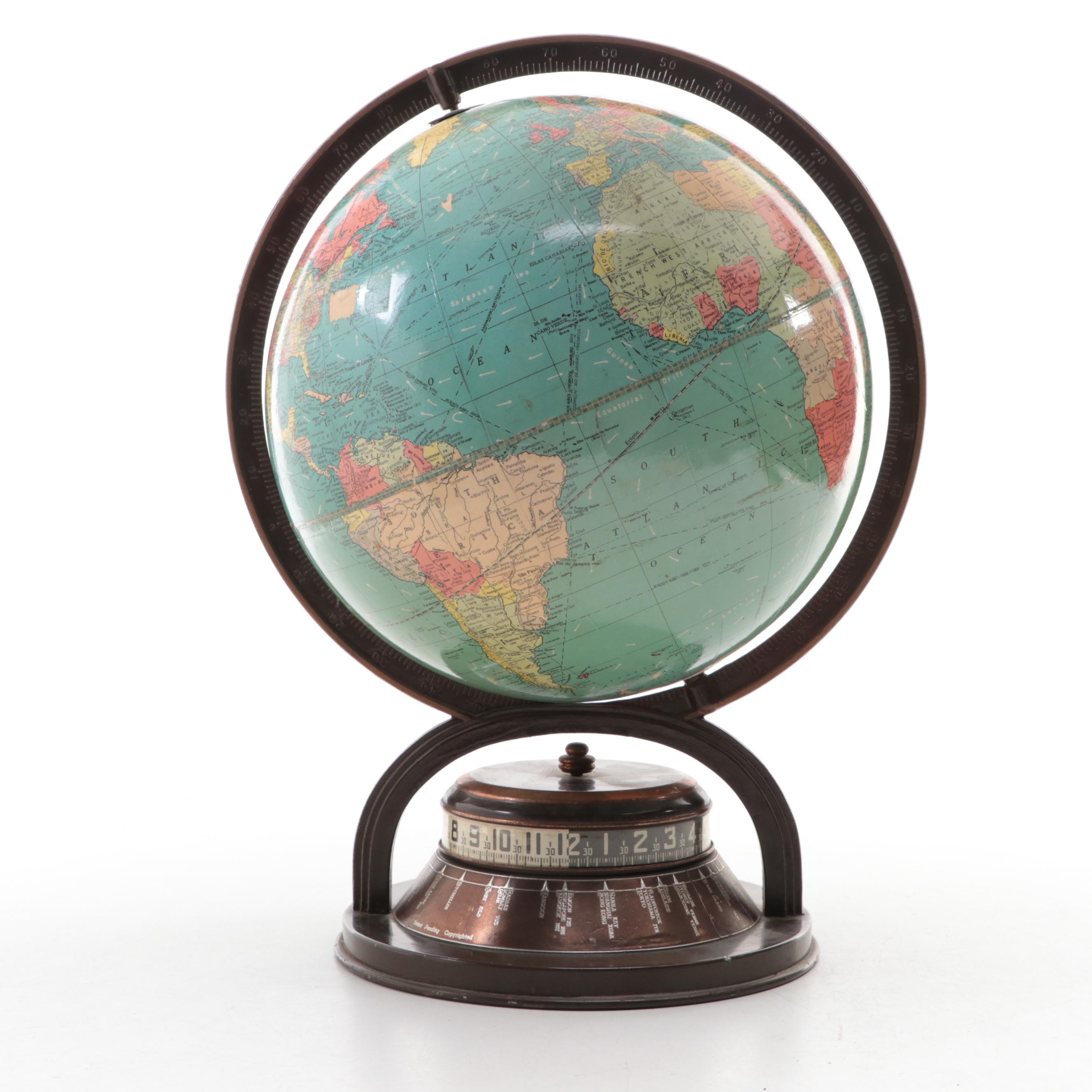 Replogle 10" Standard Desk Globe with World Clock, Mid-20th Century