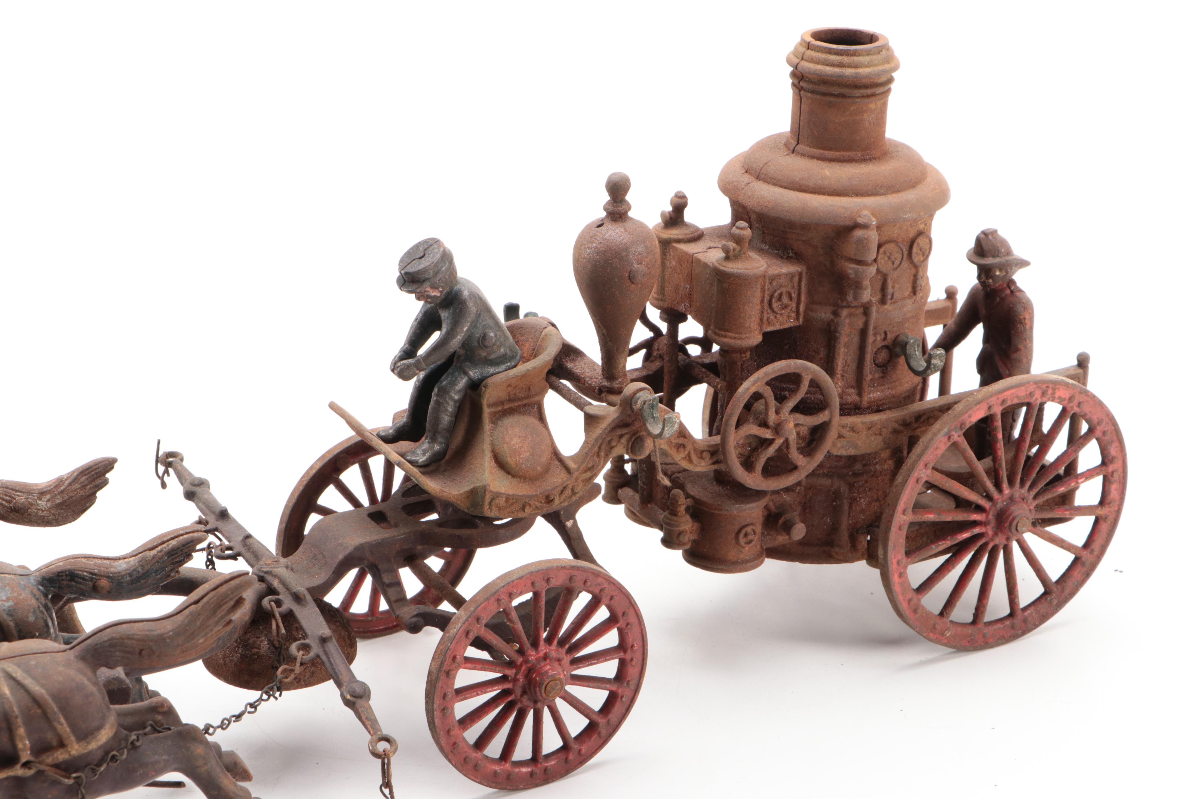 Cast Iron Horse Drawn Fire Pump Wagon, Early 20th Century