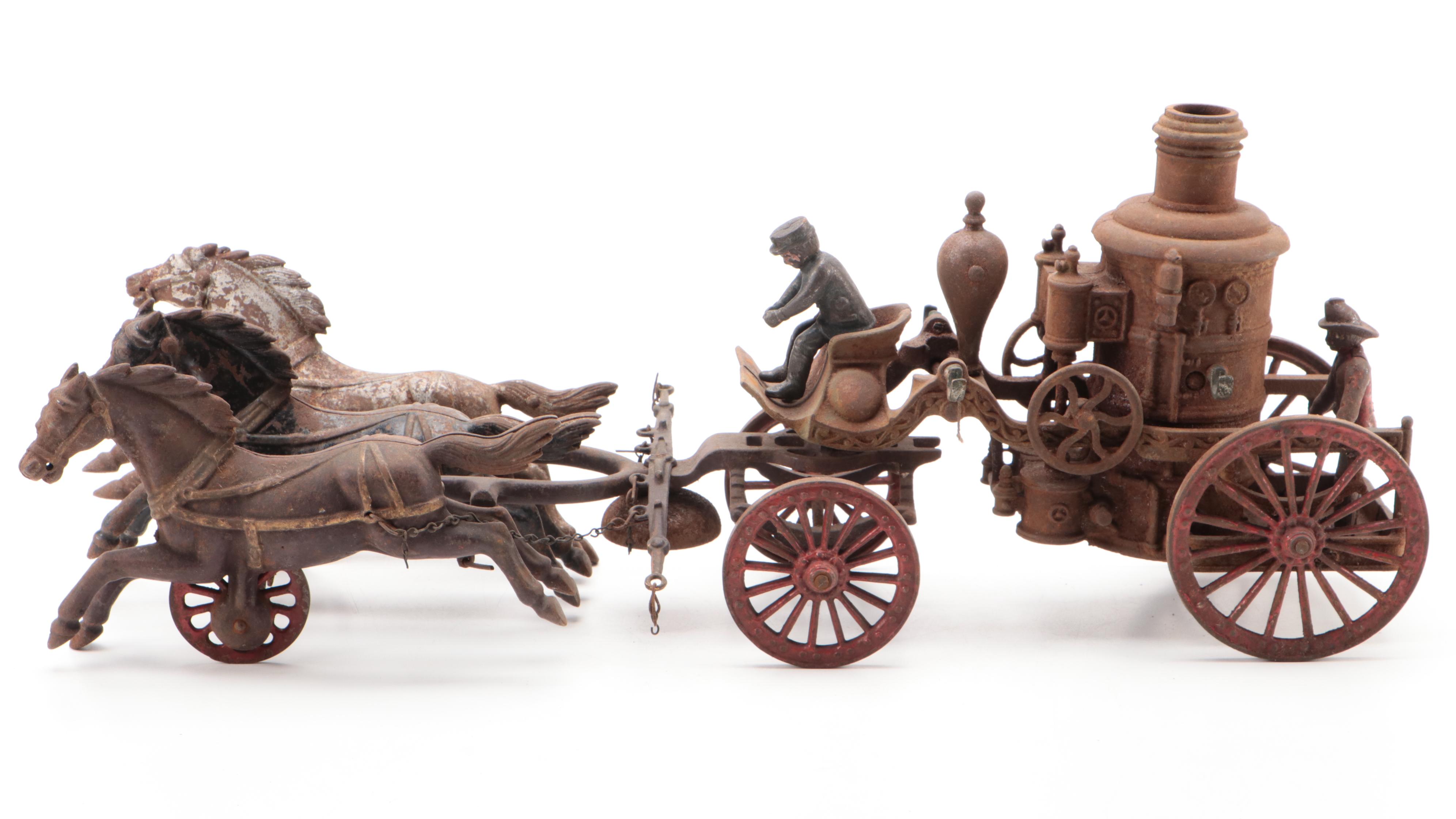 Cast Iron Horse Drawn Fire Pump Wagon, Early 20th Century