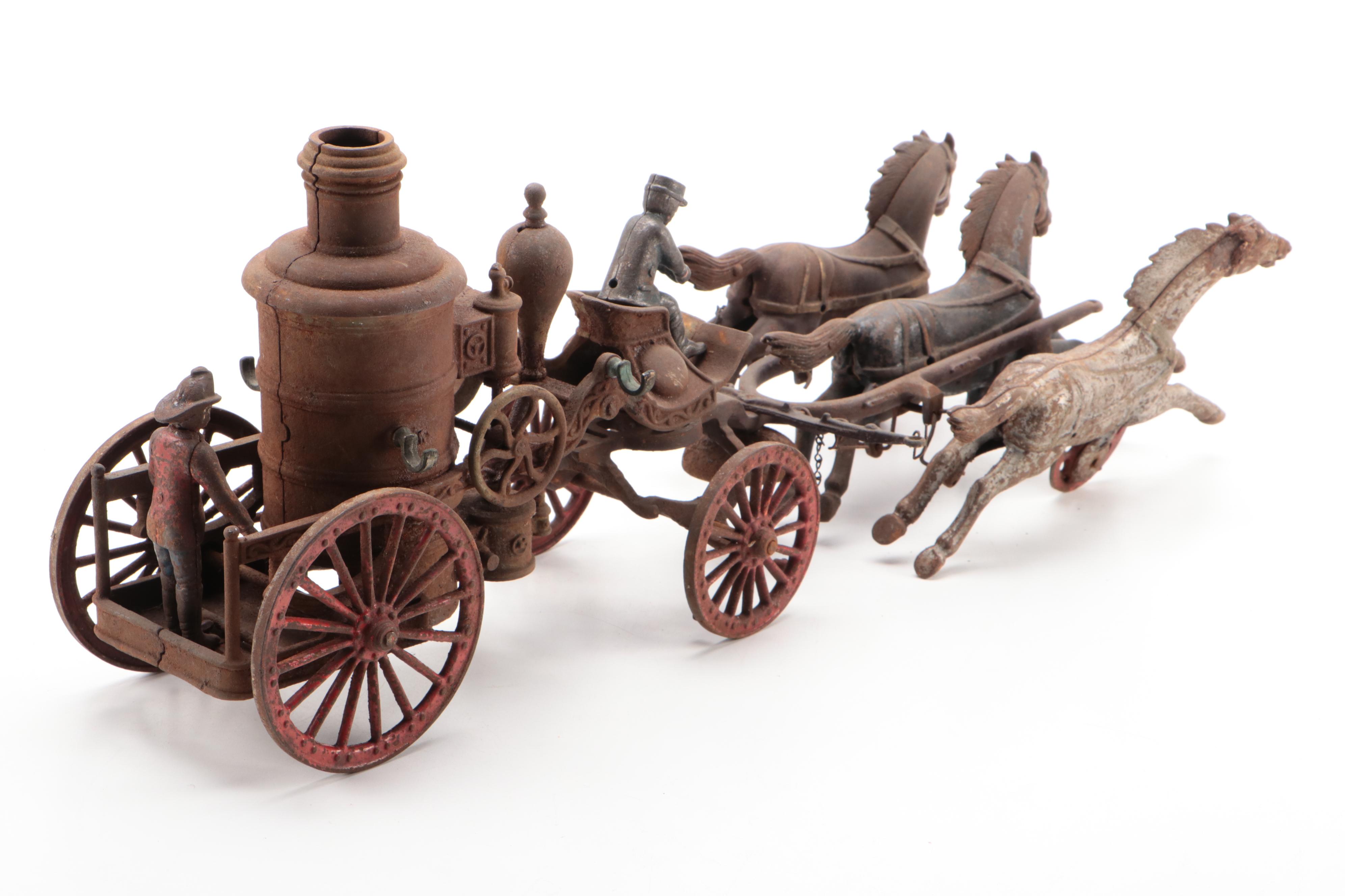 Cast Iron Horse Drawn Fire Pump Wagon, Early 20th Century