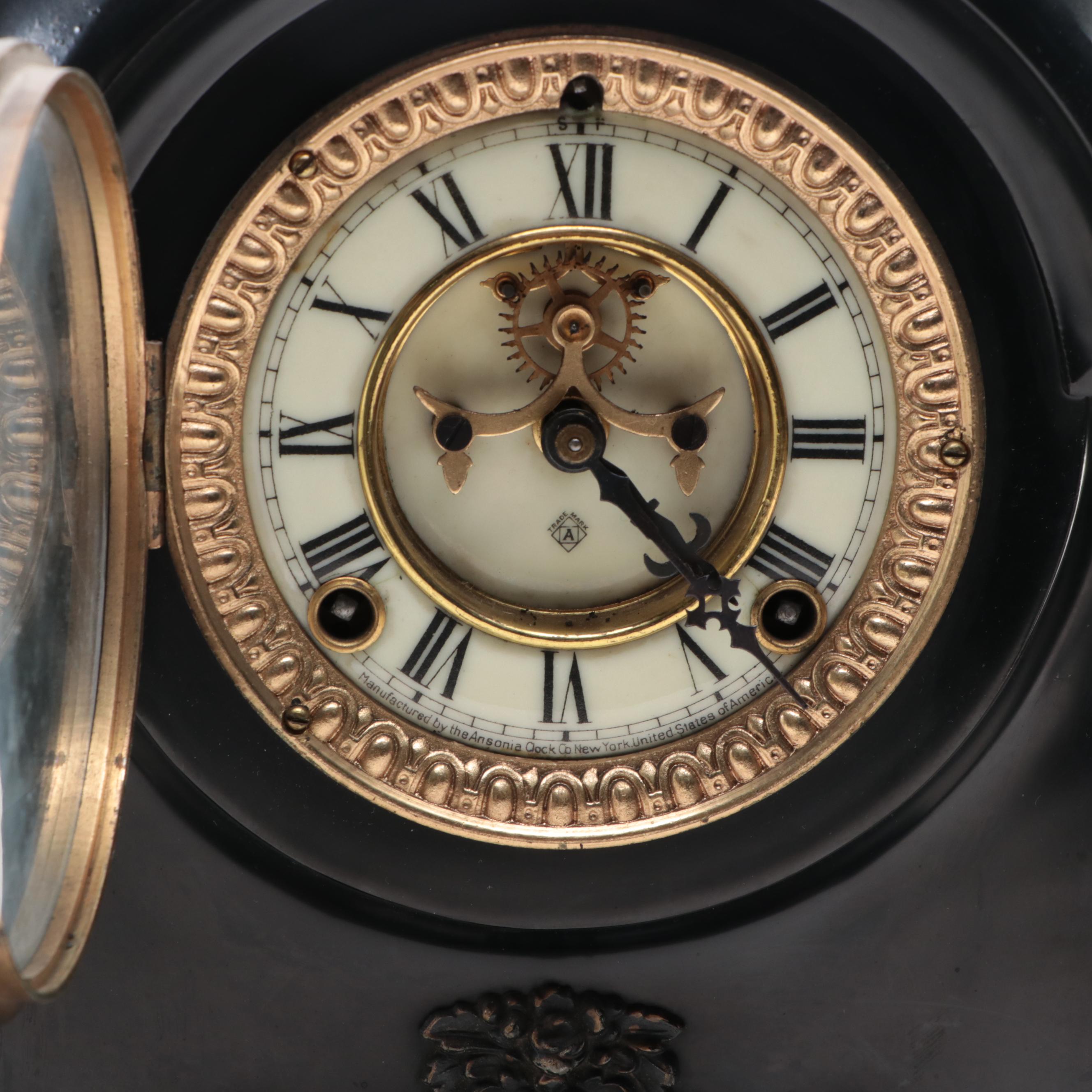 Ansonia Victorian Style Slate and Metal Mantel Clock, Late 19th/ Early 20th C.