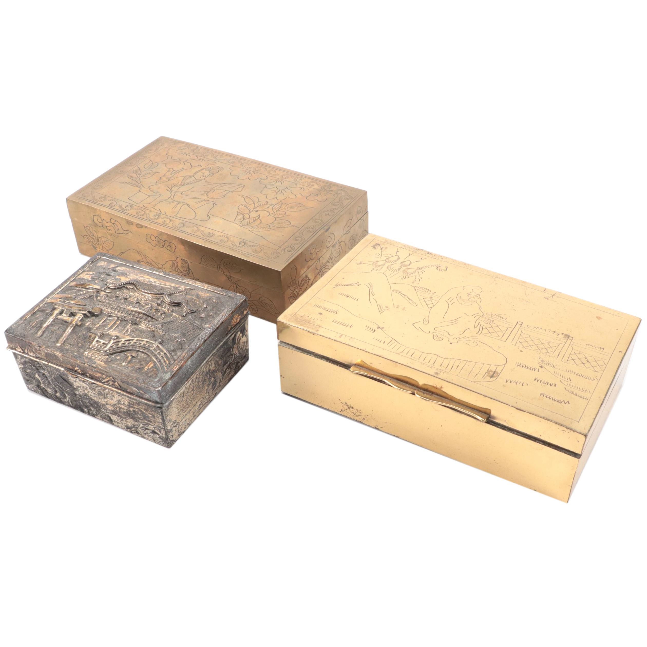 Engraved Chinese Cigarette Boxes with Elaborate Metalwork Japanese Box