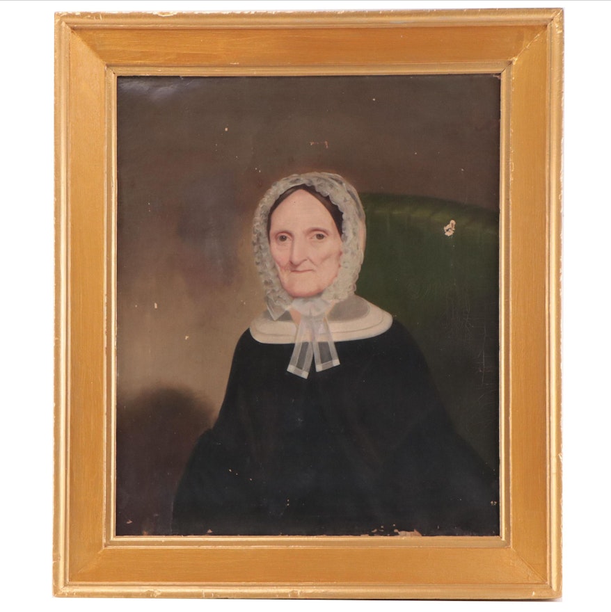 American School Oil Painting of a Matronly Woman, Mid 19th Century