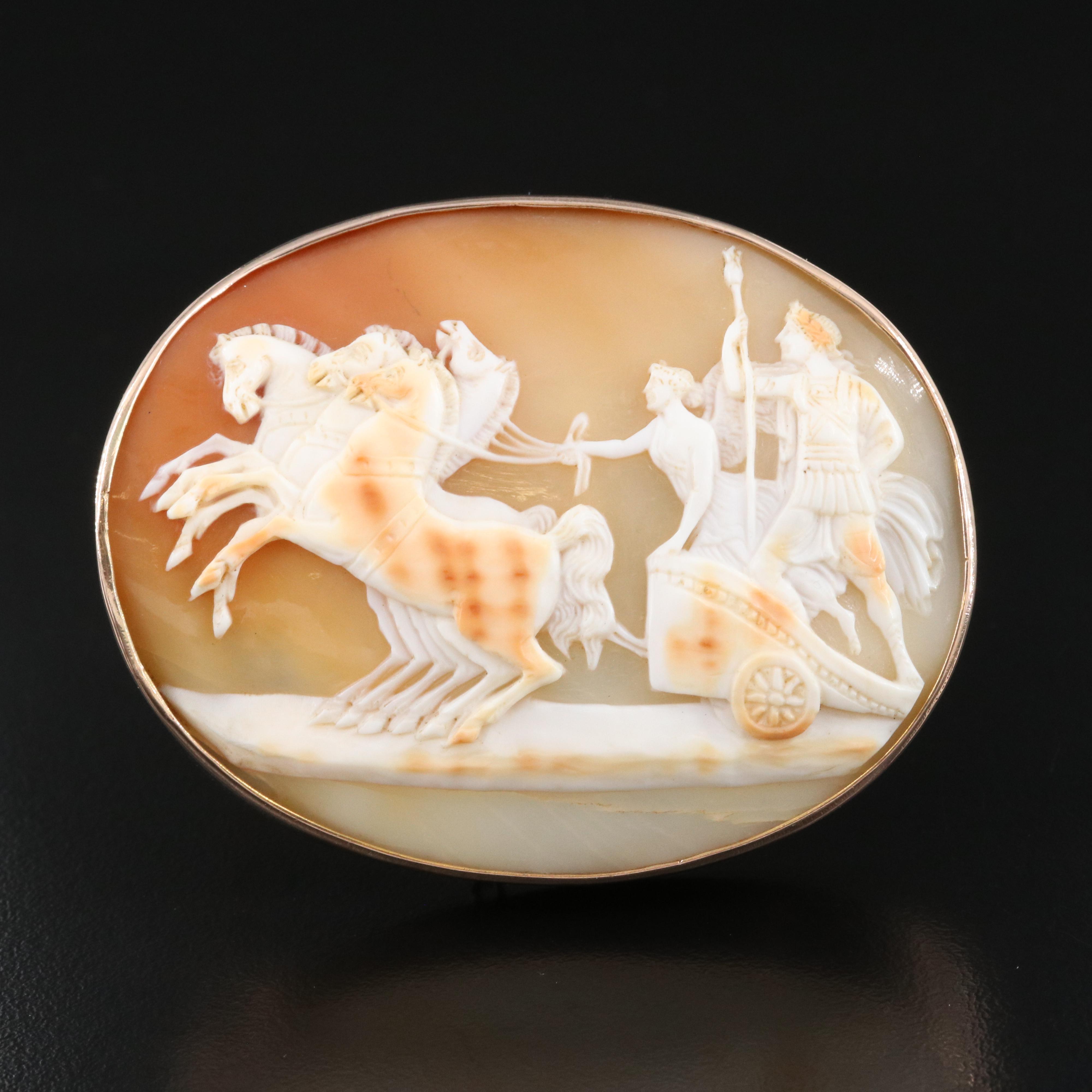 Greco-Roman Revival 9K Rose Gold Nike and Alexander the Great Shell Cameo Brooch