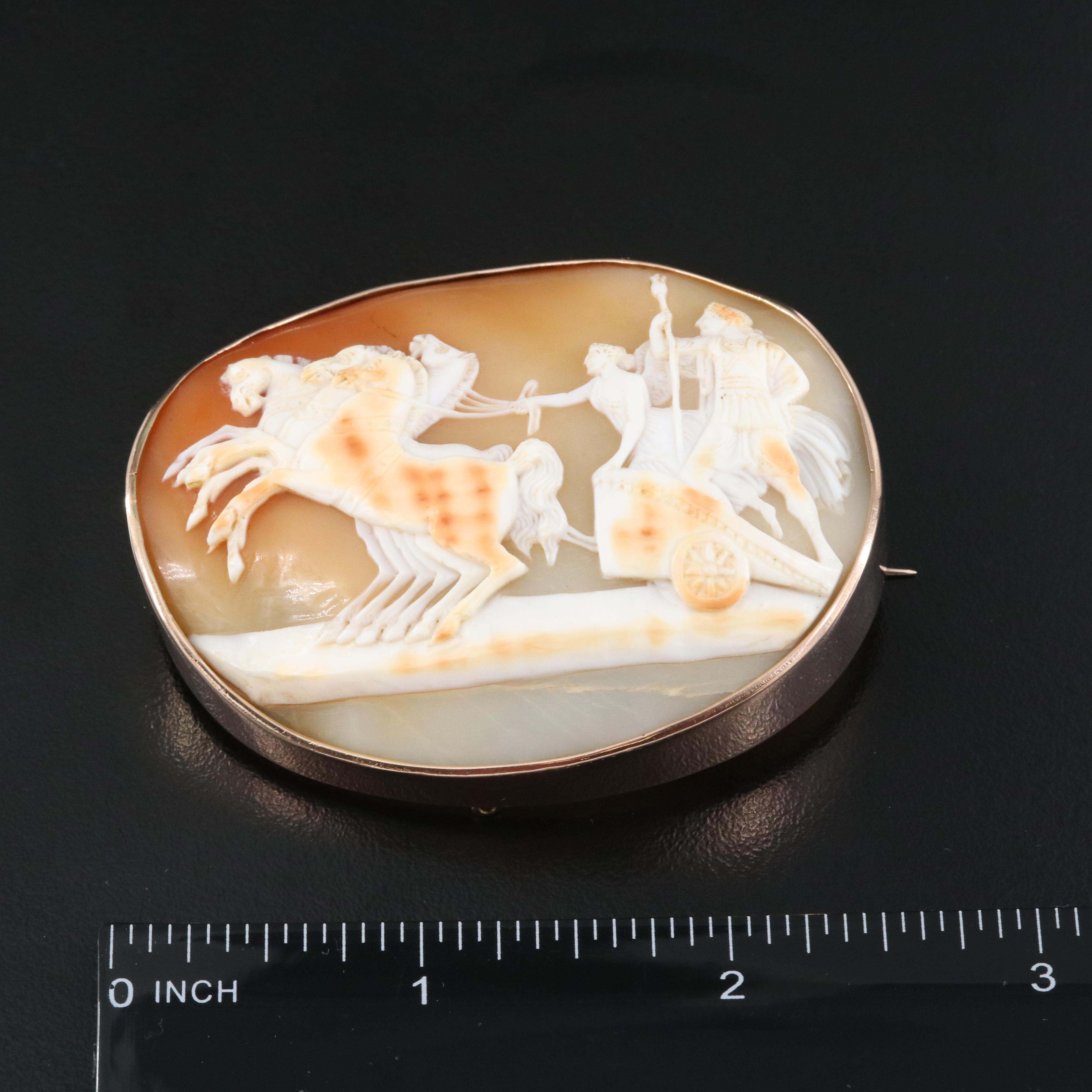 Greco-Roman Revival 9K Rose Gold Nike and Alexander the Great Shell Cameo Brooch