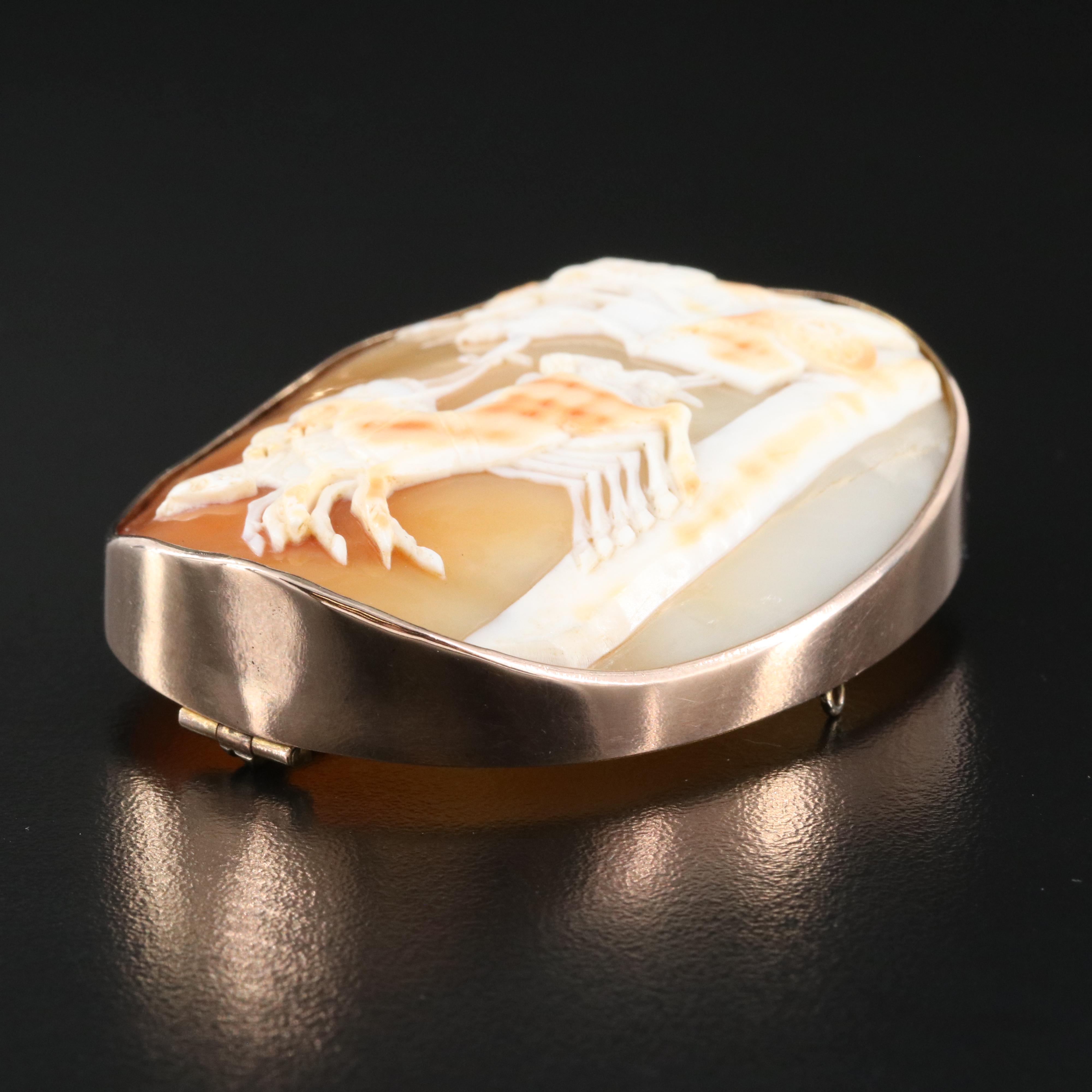 Greco-Roman Revival 9K Rose Gold Nike and Alexander the Great Shell Cameo Brooch