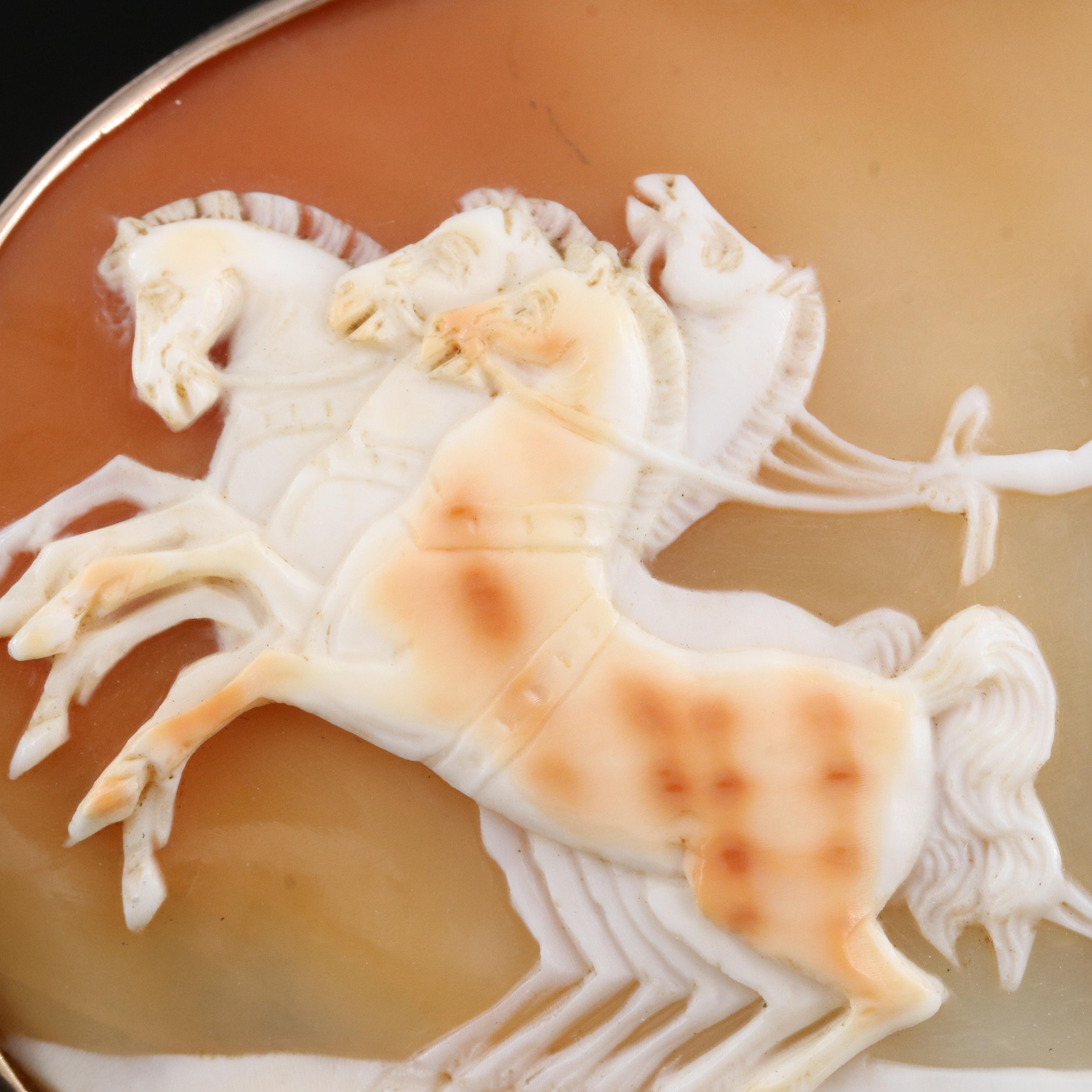 Greco-Roman Revival 9K Rose Gold Nike and Alexander the Great Shell Cameo Brooch