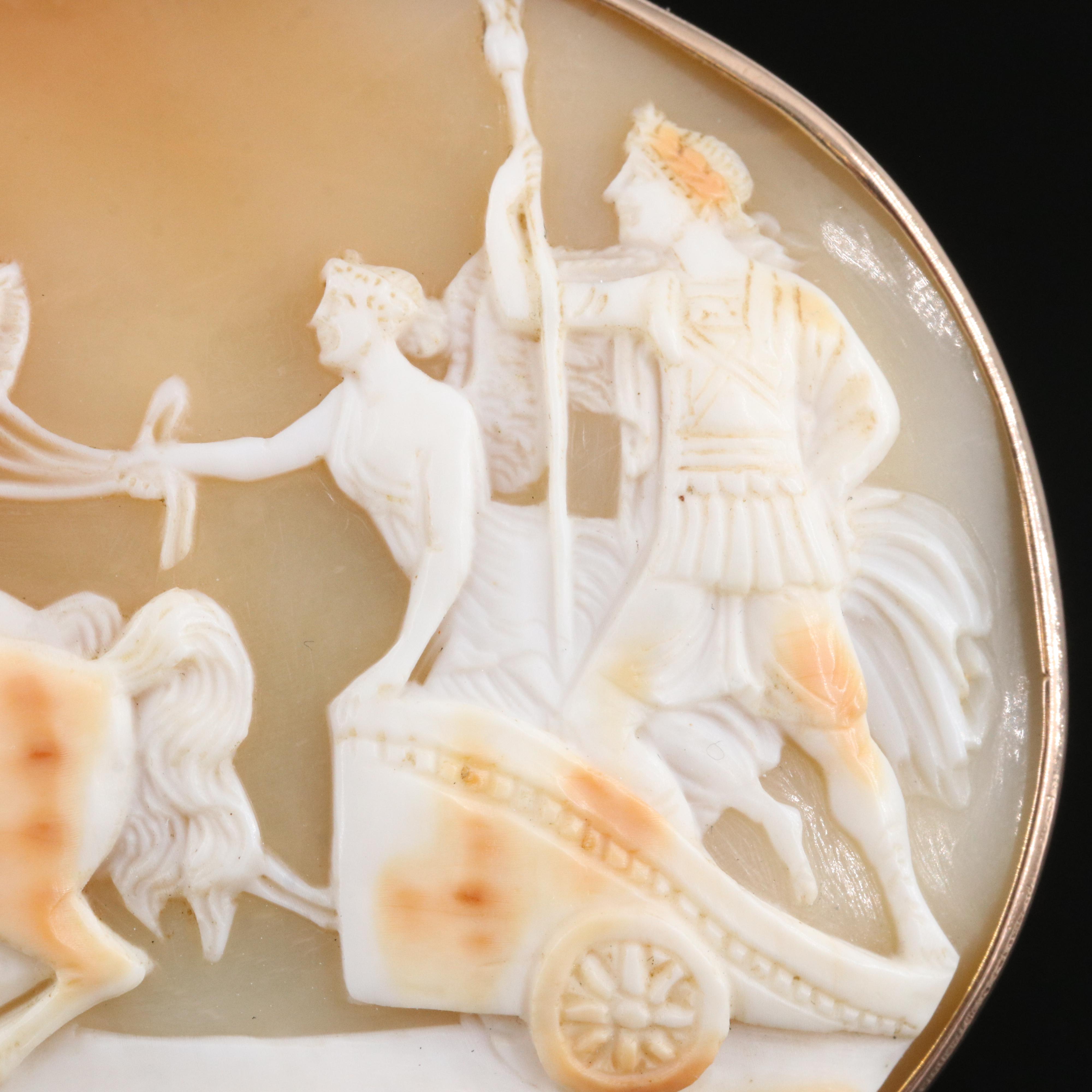 Greco-Roman Revival 9K Rose Gold Nike and Alexander the Great Shell Cameo Brooch