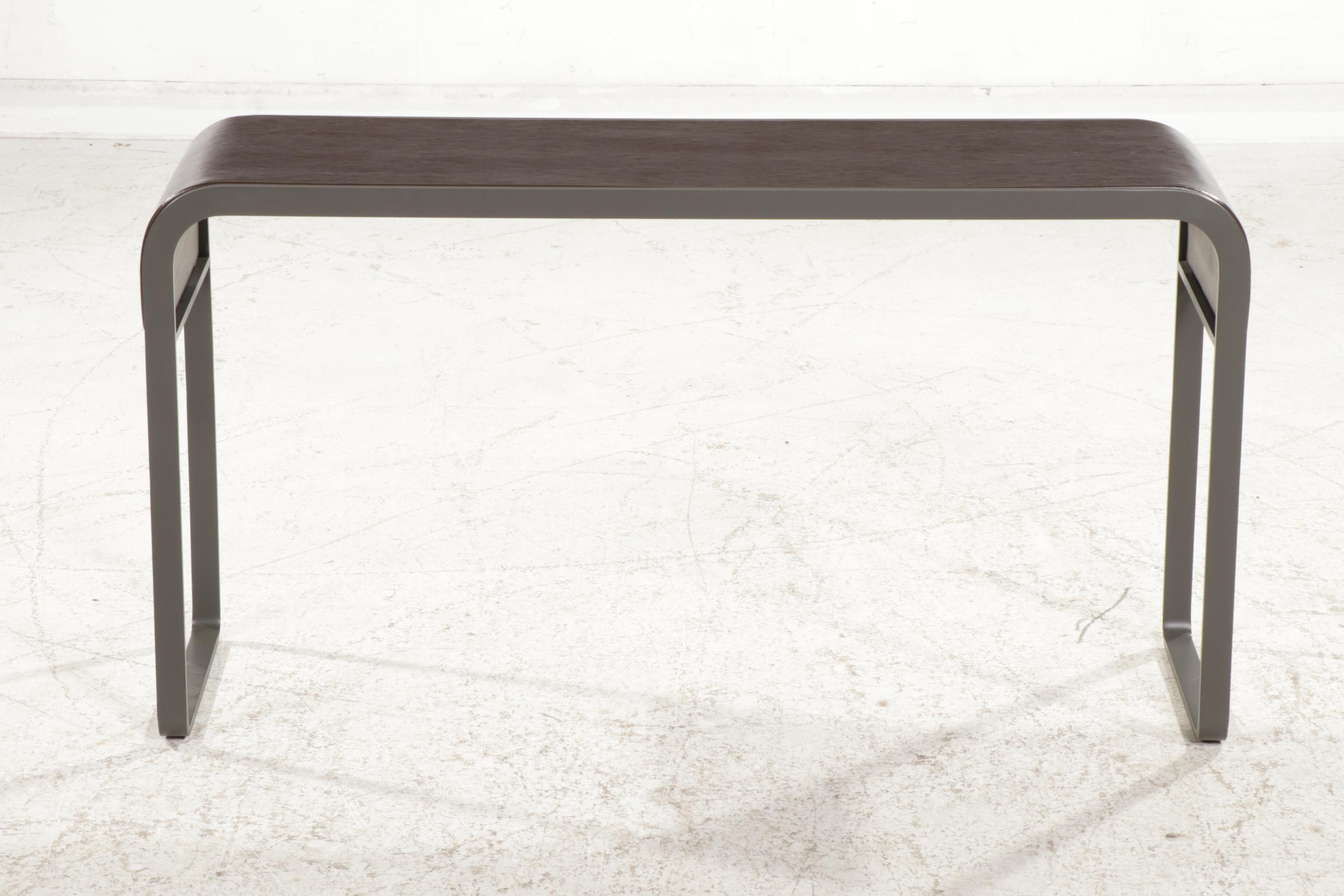 Contemporary Metal and Leather Inlaid Waterfall Console Table