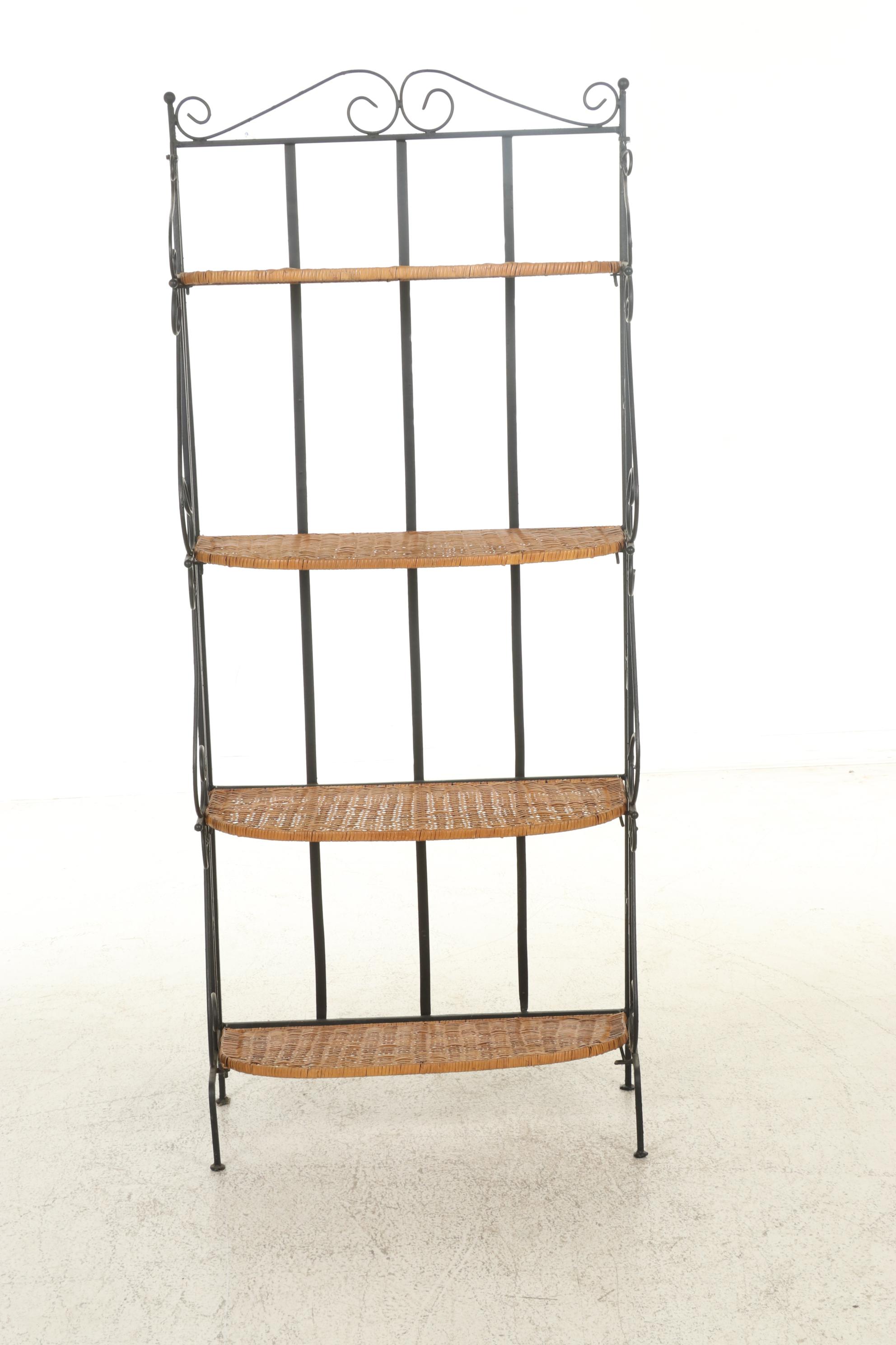 Wrought Iron Baker's Rack With Wicker Shelves