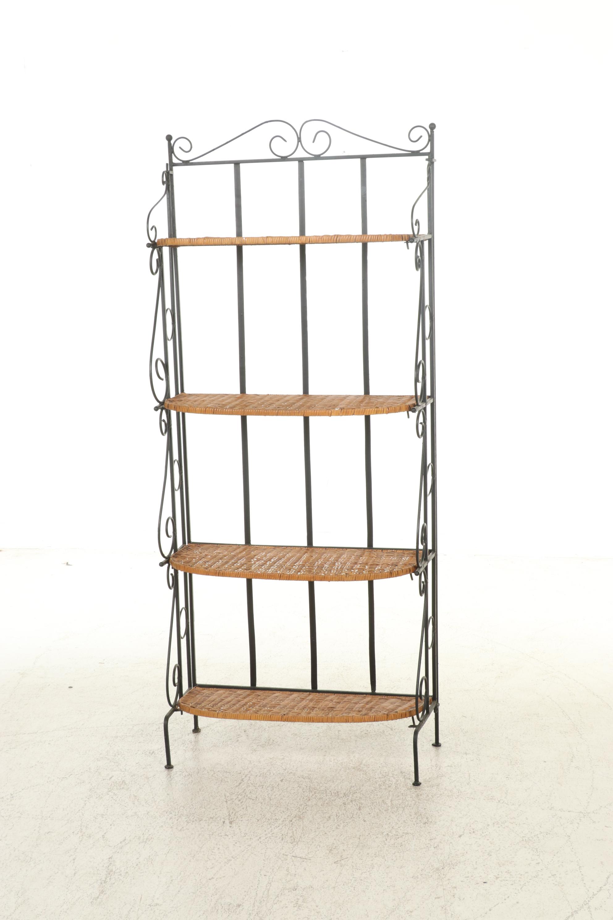 Wrought Iron Baker's Rack With Wicker Shelves