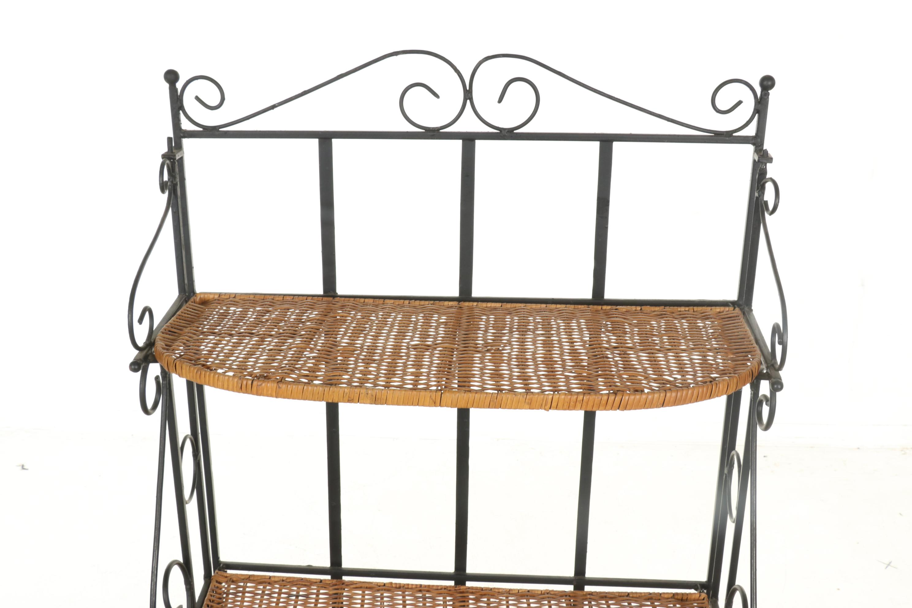 Wrought Iron Baker's Rack With Wicker Shelves