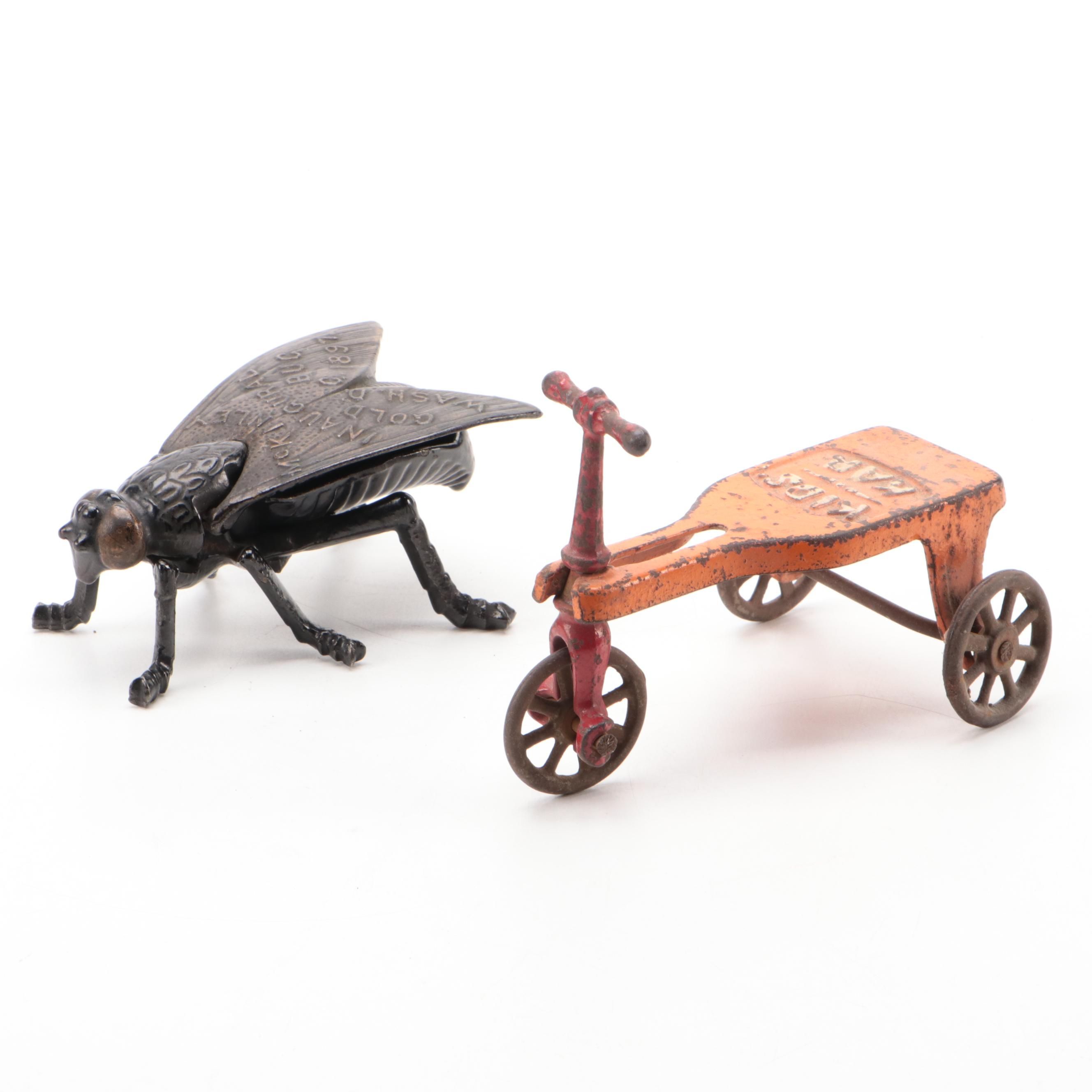 Simpson Cast Iron Fly Match Holder and Kids Kar Toy, Early to Mid-20th Century
