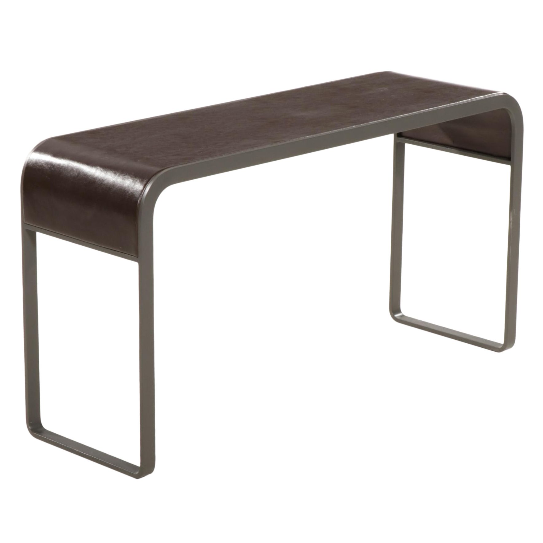 Contemporary Metal and Leather Inlaid Waterfall Console Table