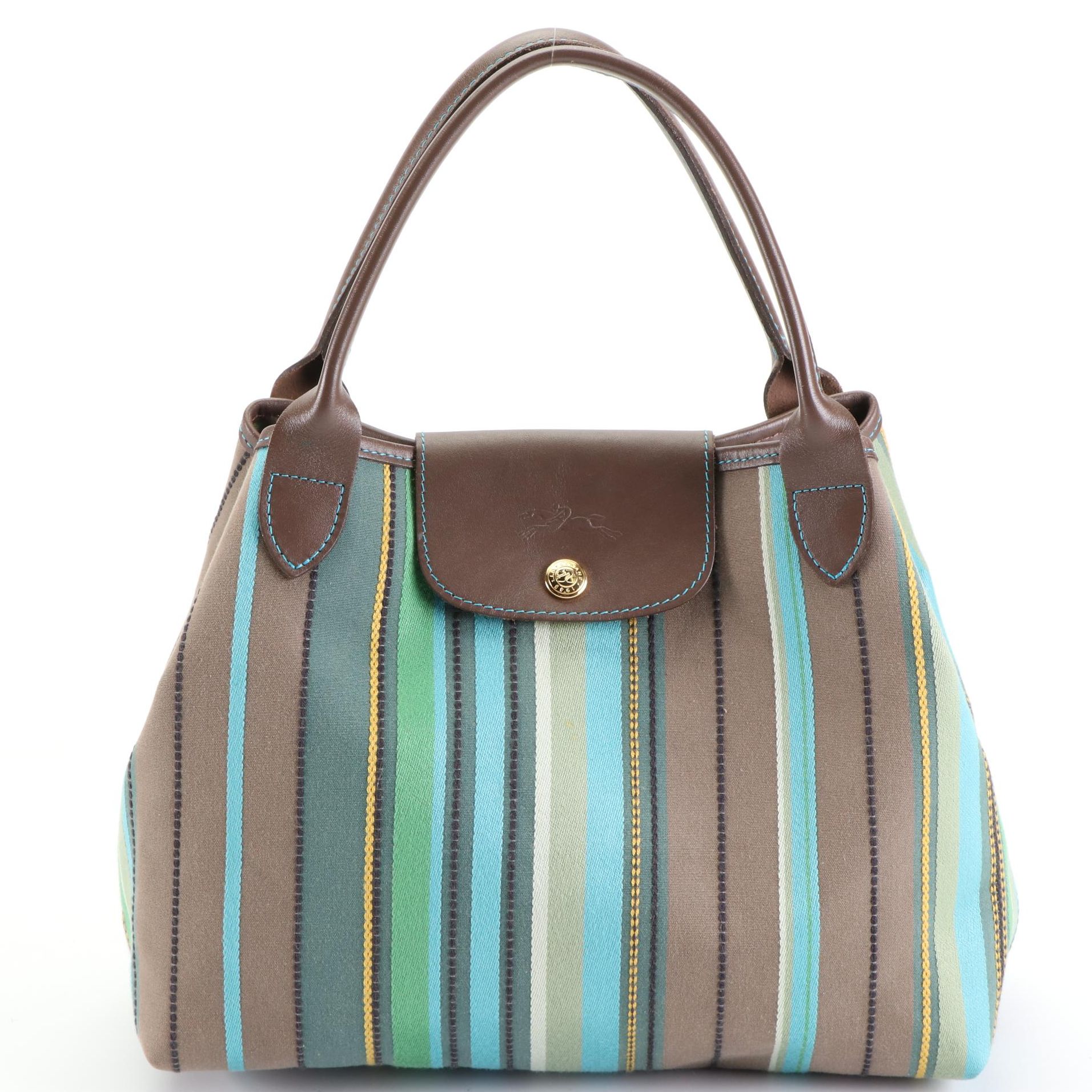 Longchamp Harmonie Small Tote in Striped Jacquard with Leather Trim