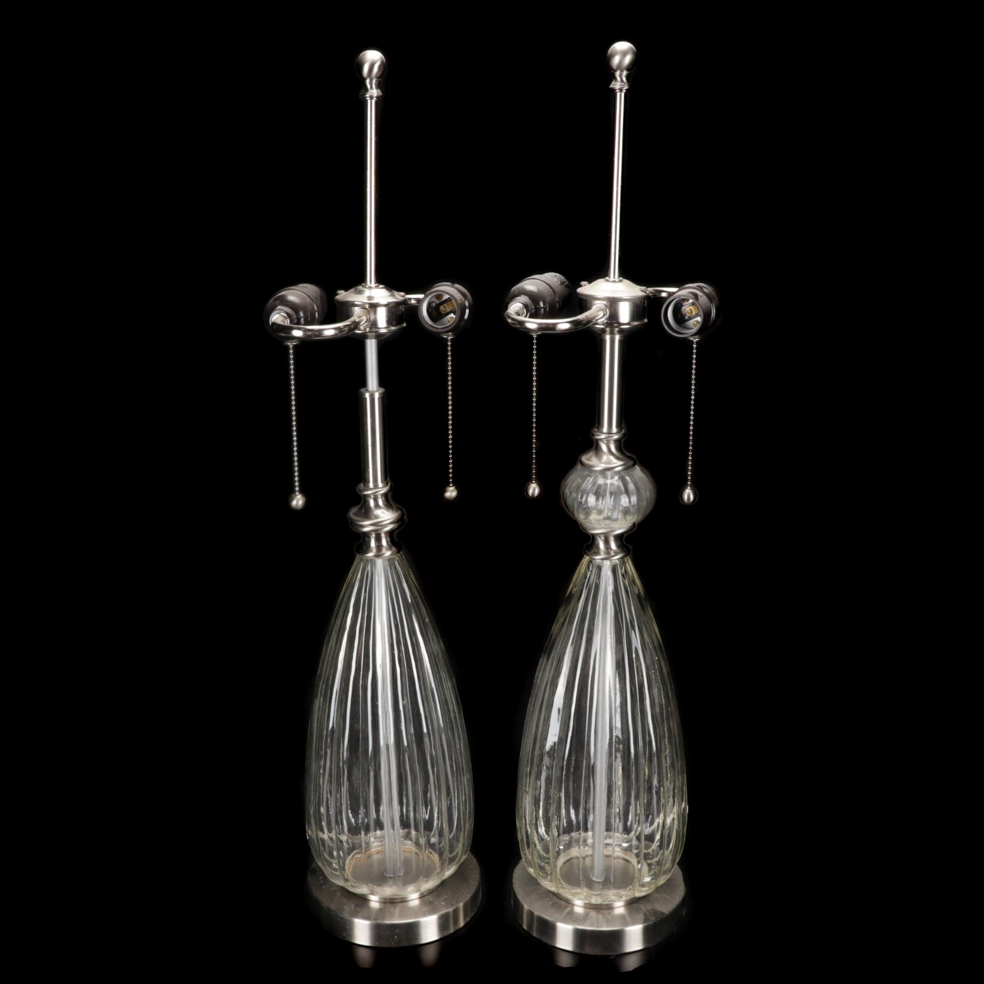 Fluted Glass and Brushed Nickel Table Lamps, Contemporary