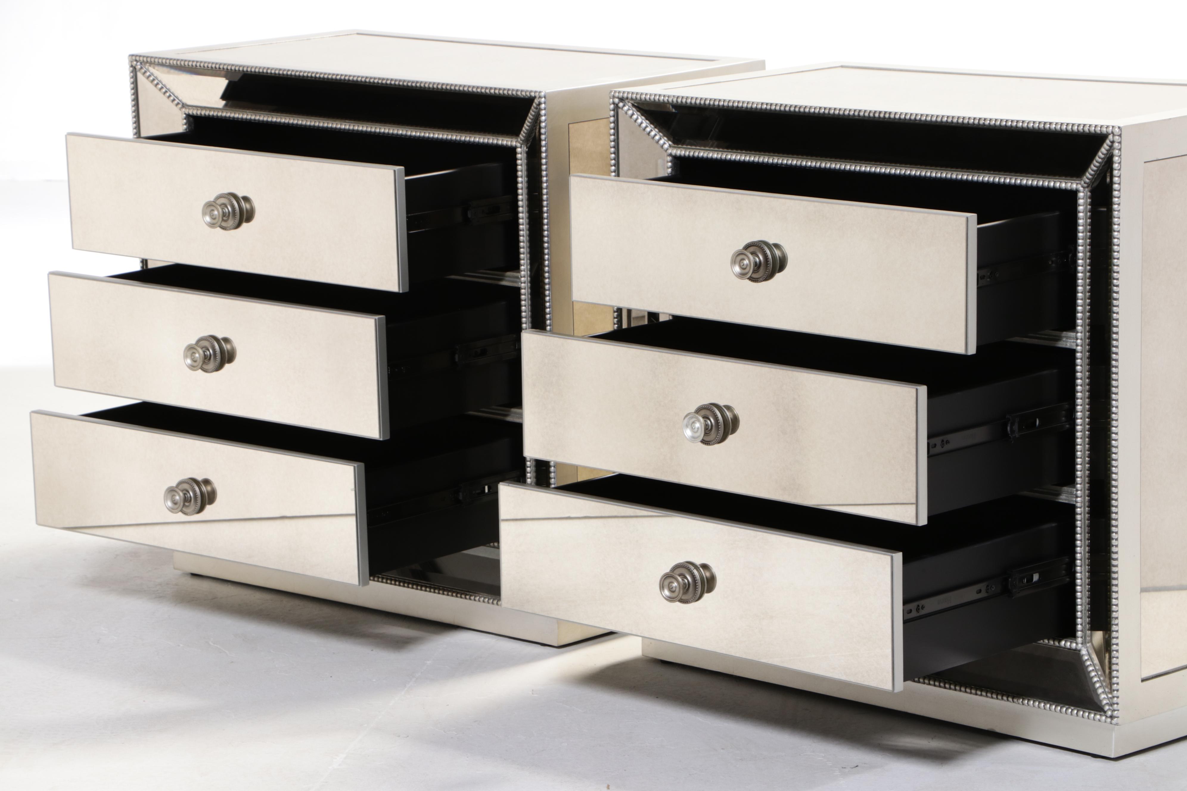 Pair of Z Gallerie "Omni" Silver-Gilt & Mirrored Glass Three-Drawer Nightstands