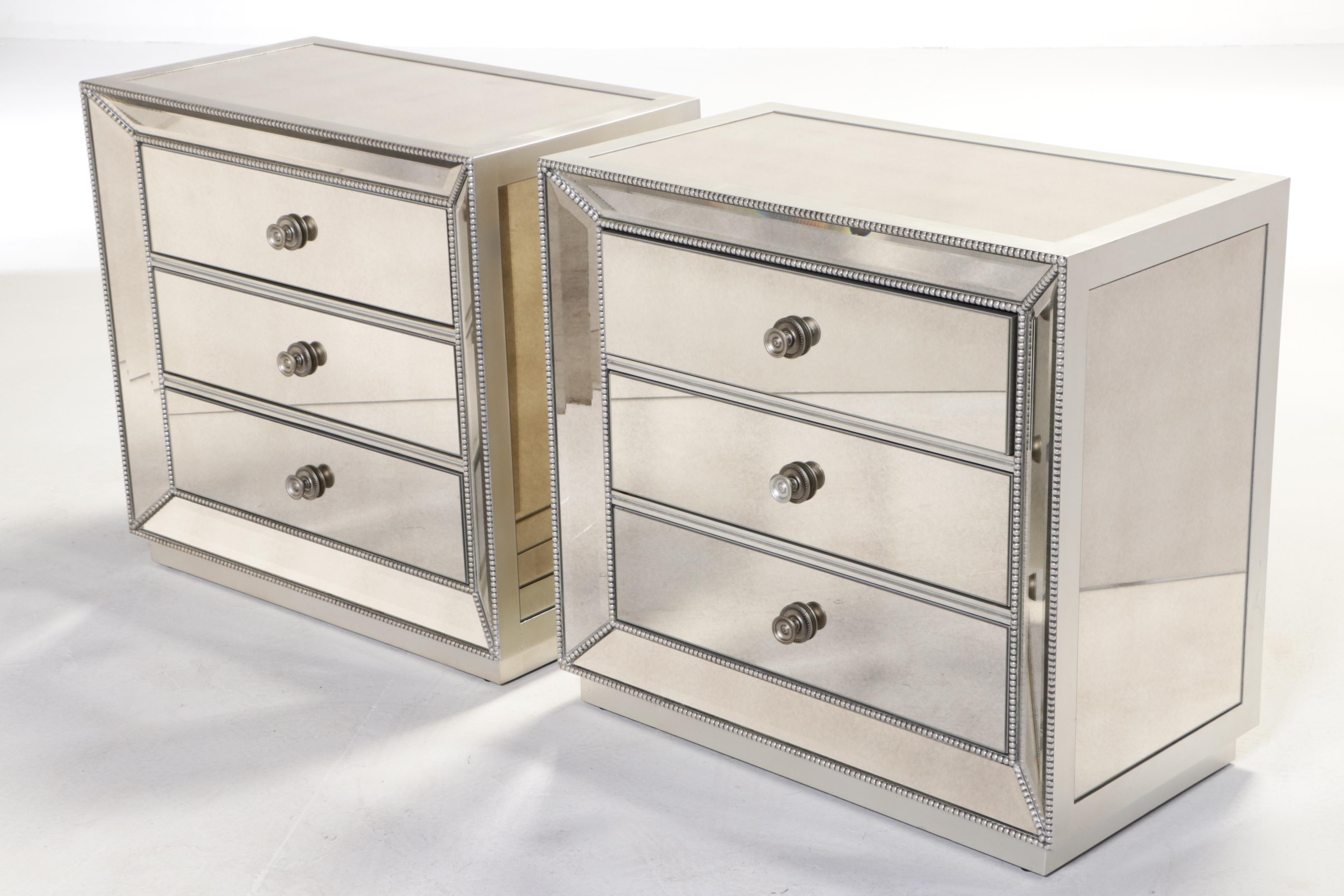 Pair of Z Gallerie "Omni" Silver-Gilt & Mirrored Glass Three-Drawer Nightstands