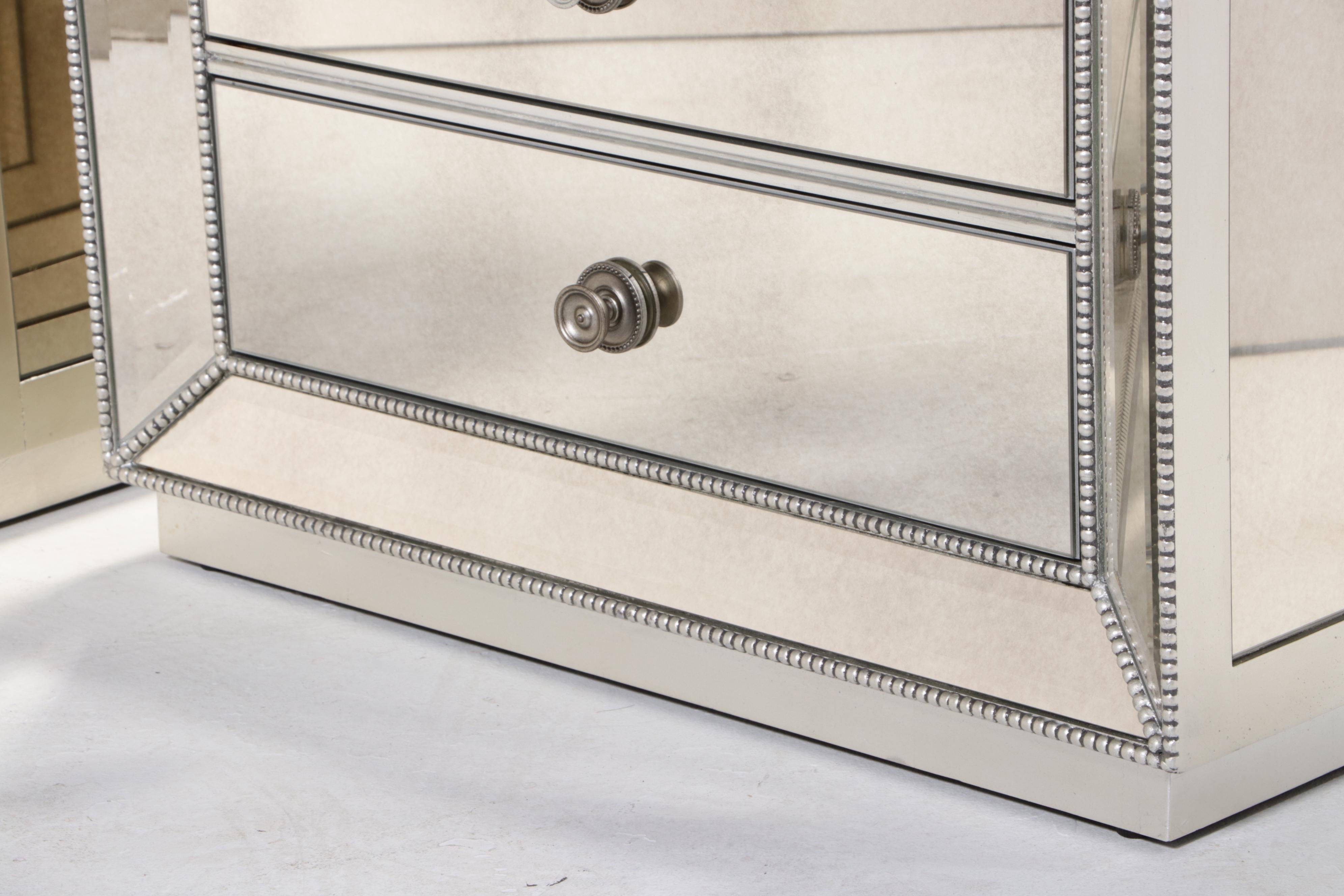 Pair of Z Gallerie "Omni" Silver-Gilt & Mirrored Glass Three-Drawer Nightstands