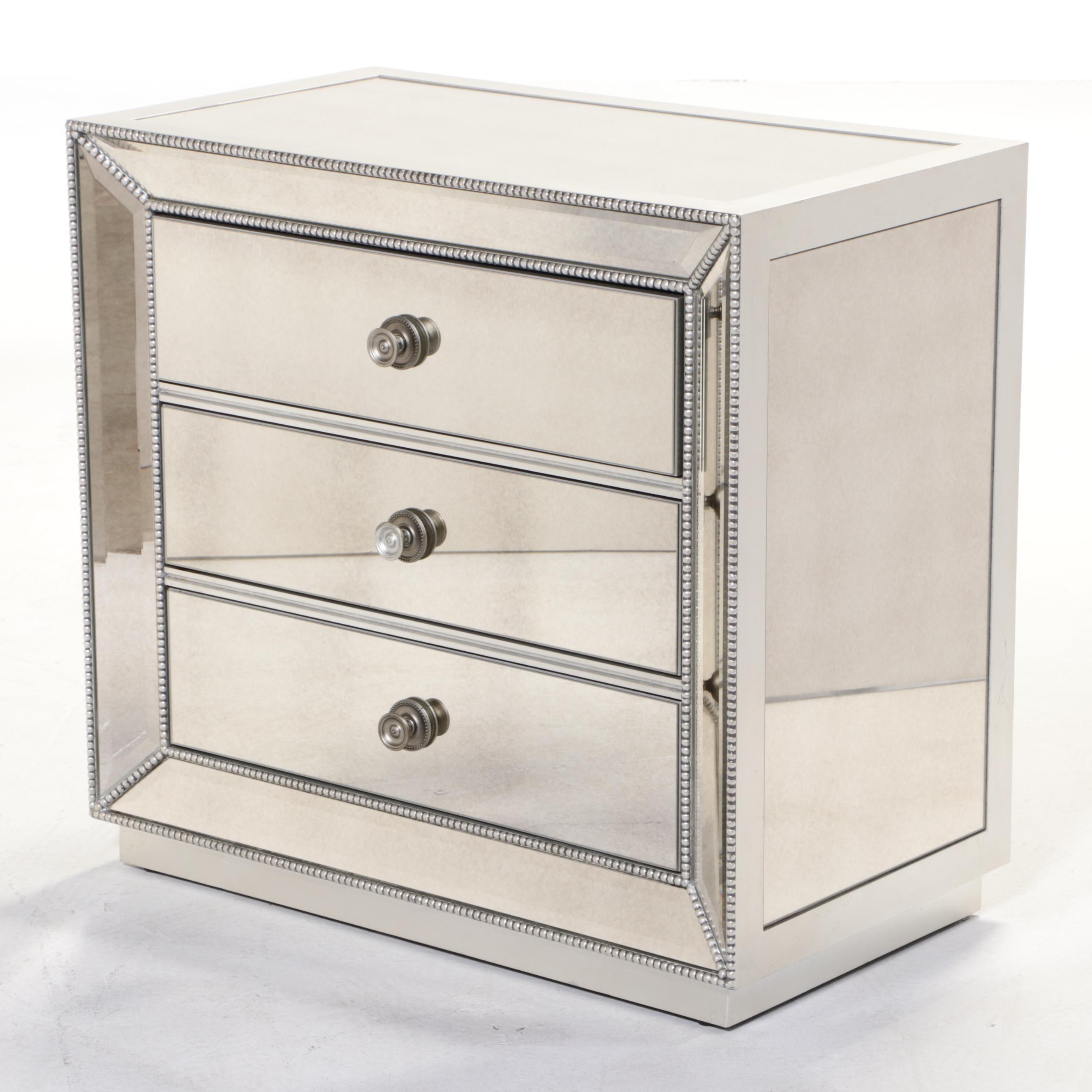 Pair of Z Gallerie "Omni" Silver-Gilt & Mirrored Glass Three-Drawer Nightstands