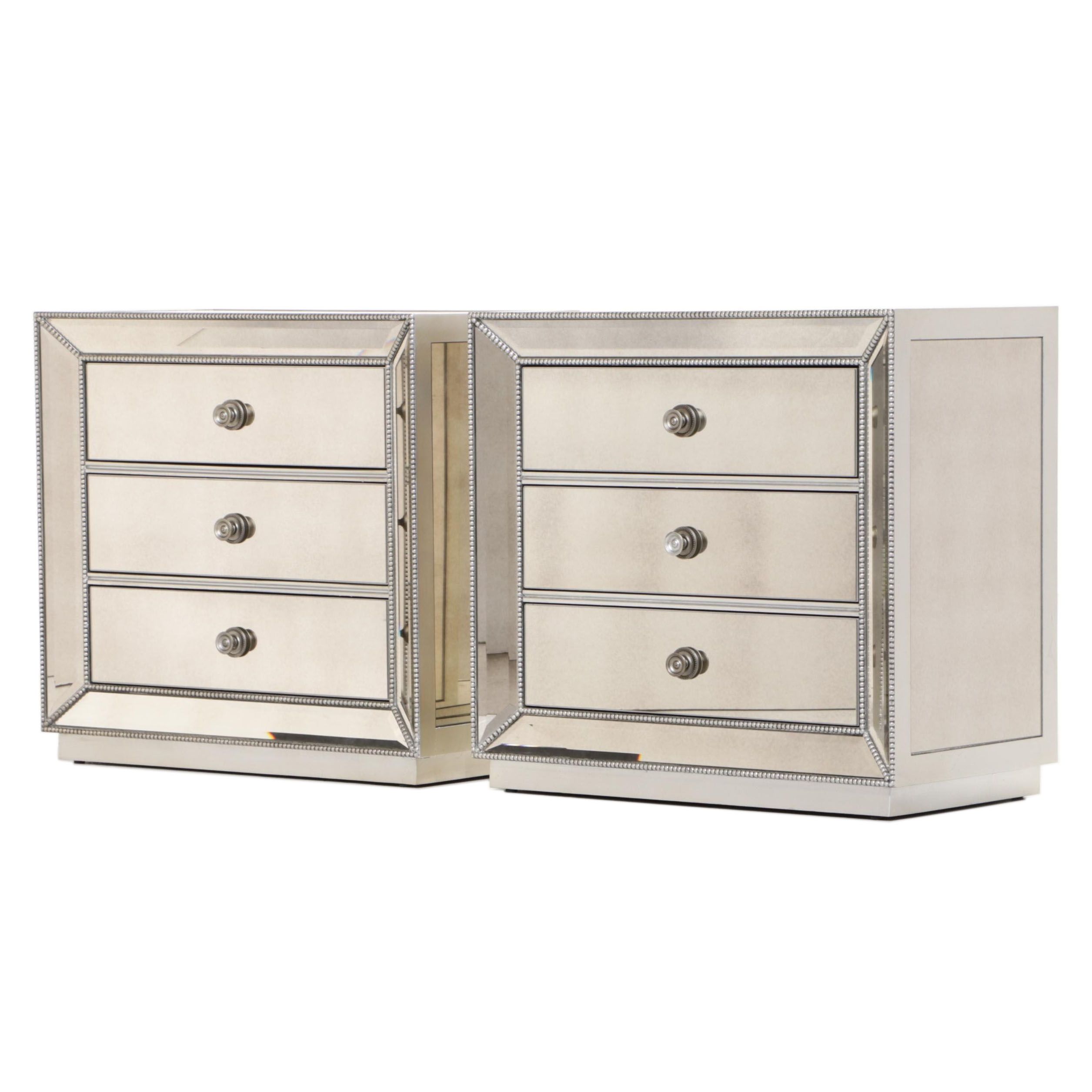 Pair of Z Gallerie "Omni" Silver-Gilt & Mirrored Glass Three-Drawer Nightstands