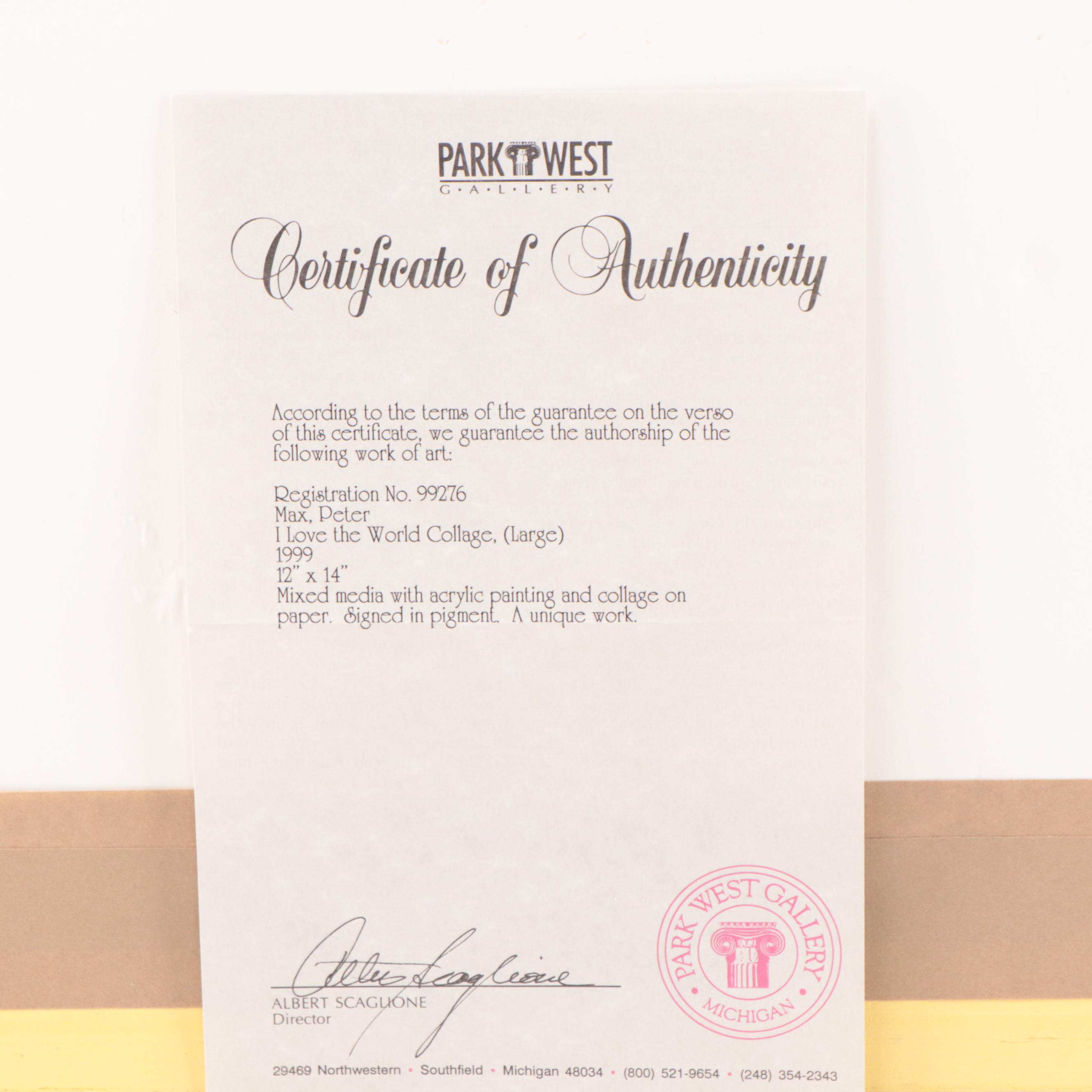 Peter Max Mixed Media Painting "I Love The World Collage, (Large)," 1999