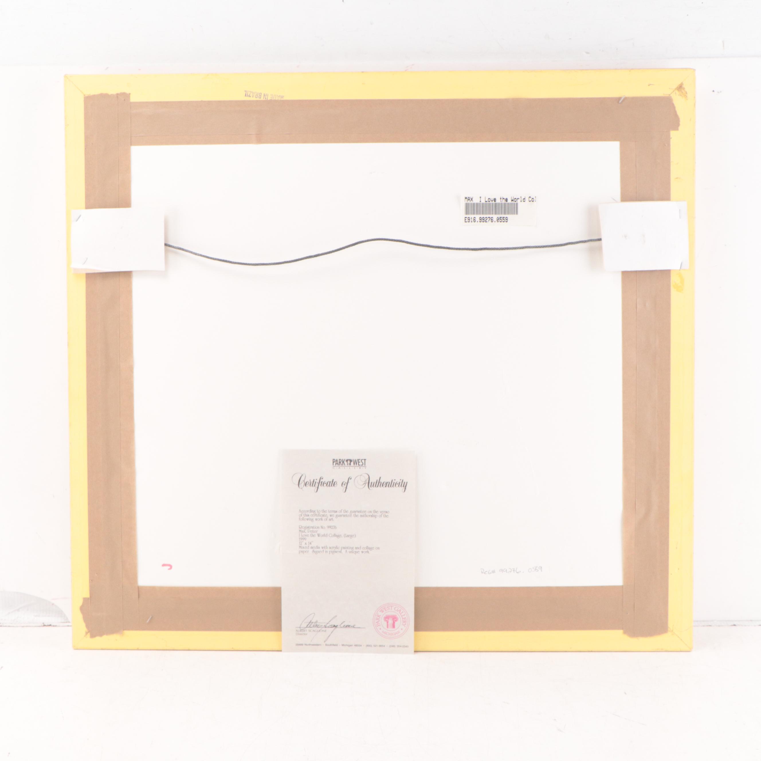 Peter Max Mixed Media Painting "I Love The World Collage, (Large)," 1999