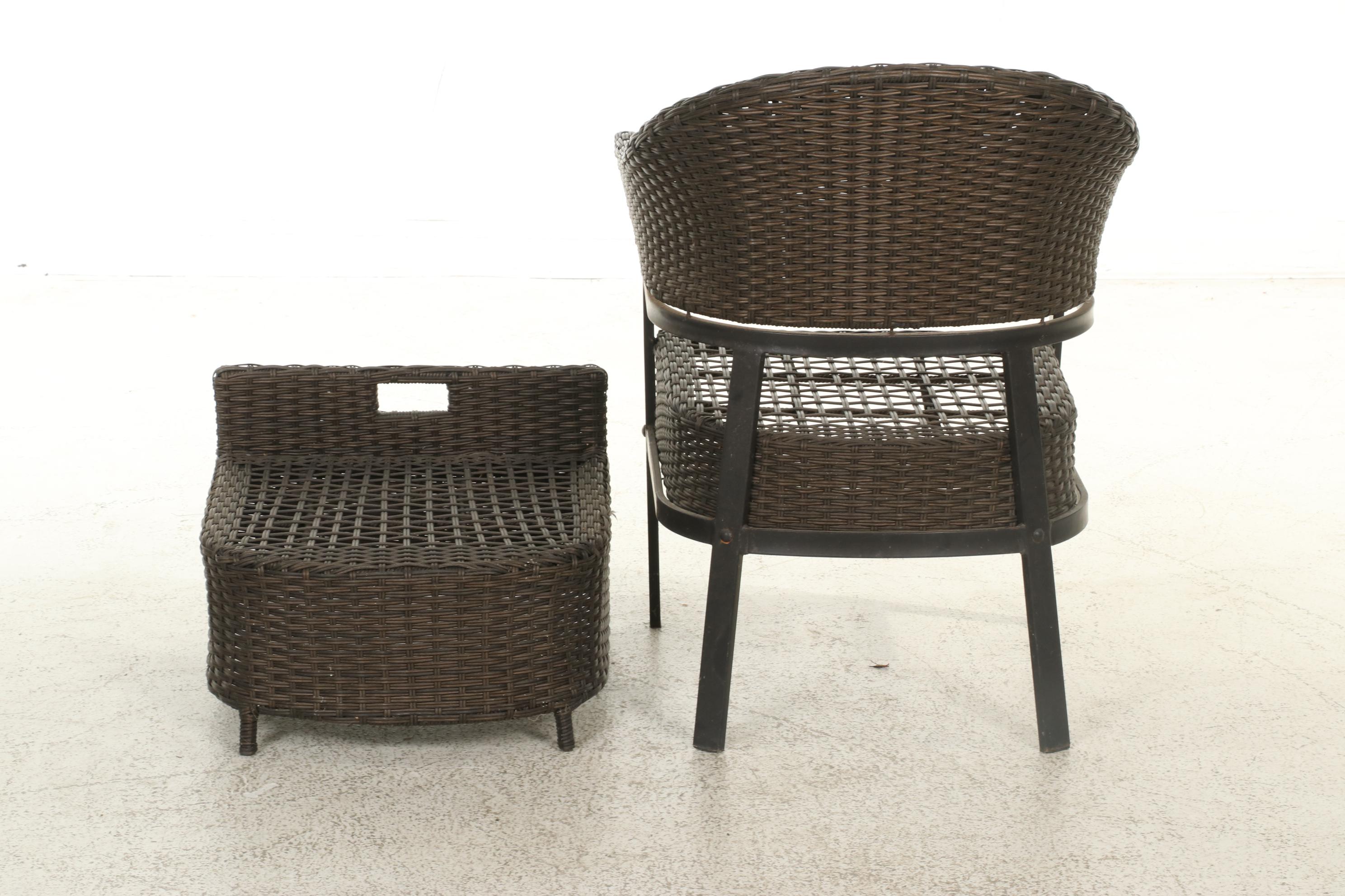 Two Contemporary Resin Wicker Patio Chairs and Ottomans With Accent Table