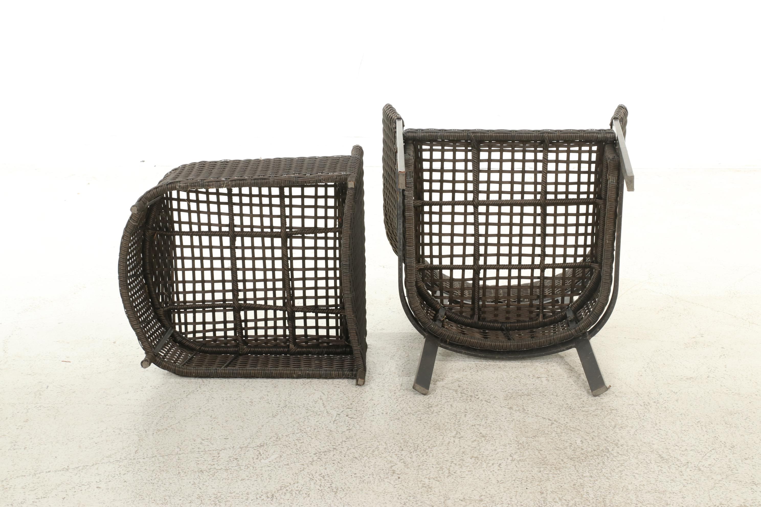 Two Contemporary Resin Wicker Patio Chairs and Ottomans With Accent Table