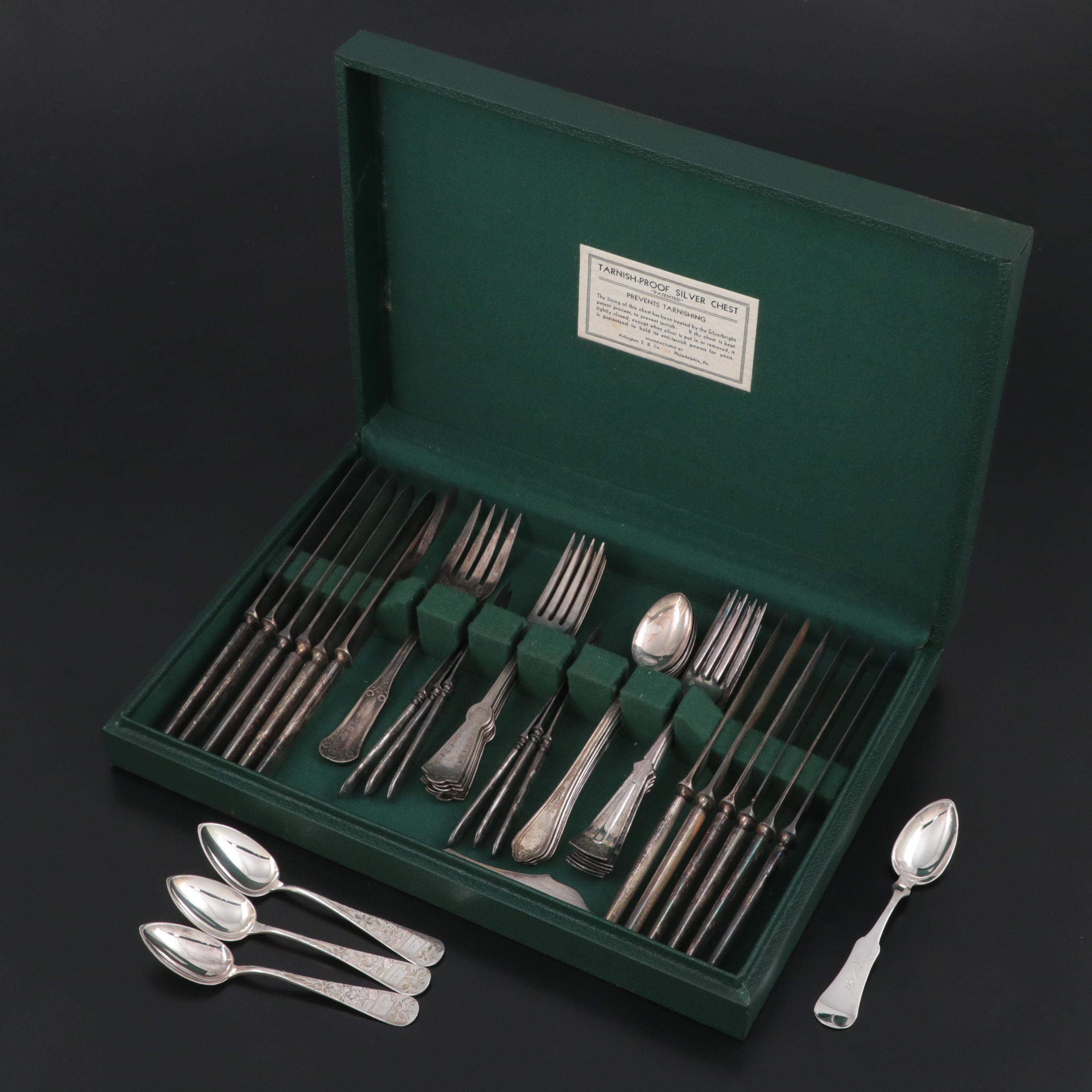 Coin Silver Fruit Spoons with Various Silver Plate Flatware