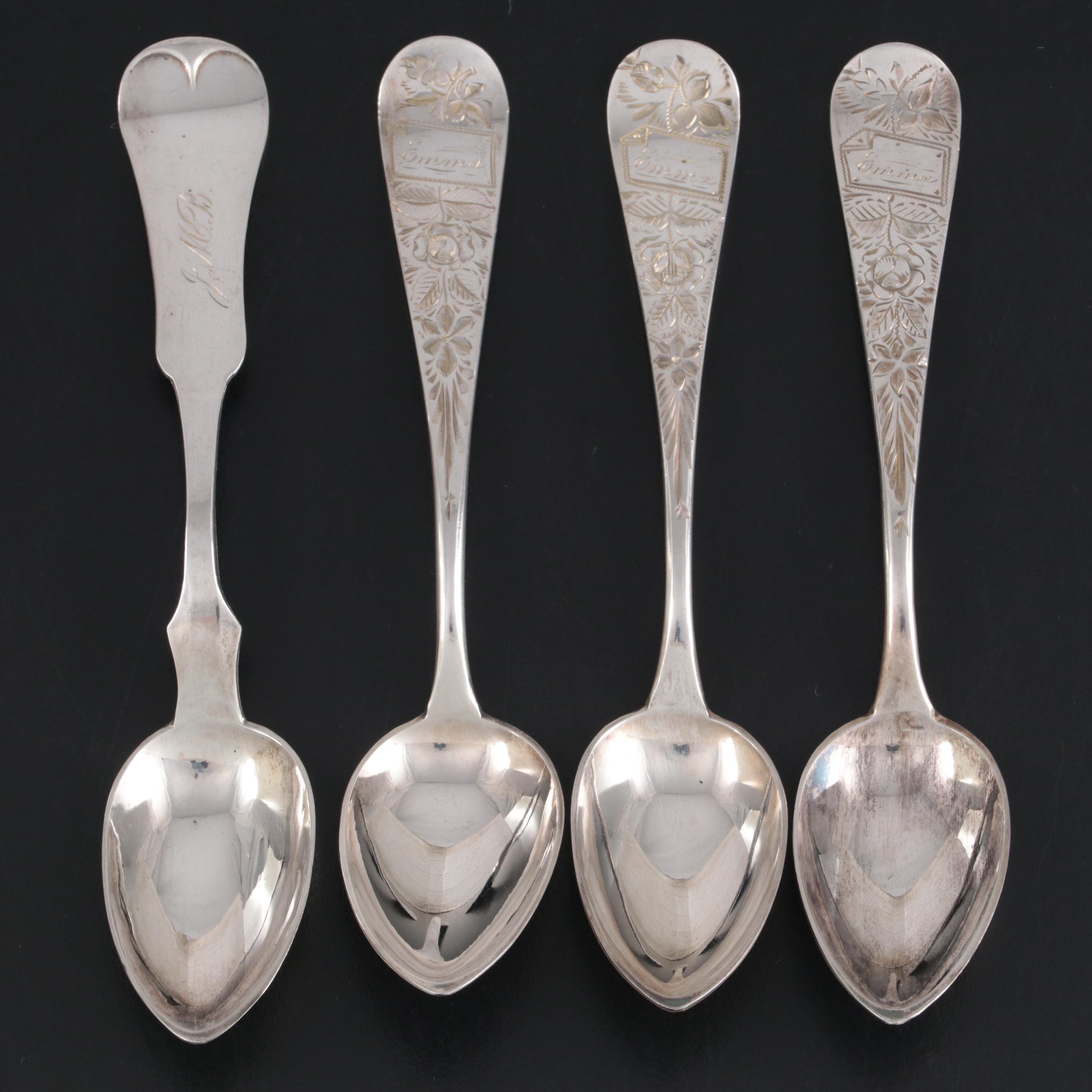 Coin Silver Fruit Spoons with Various Silver Plate Flatware