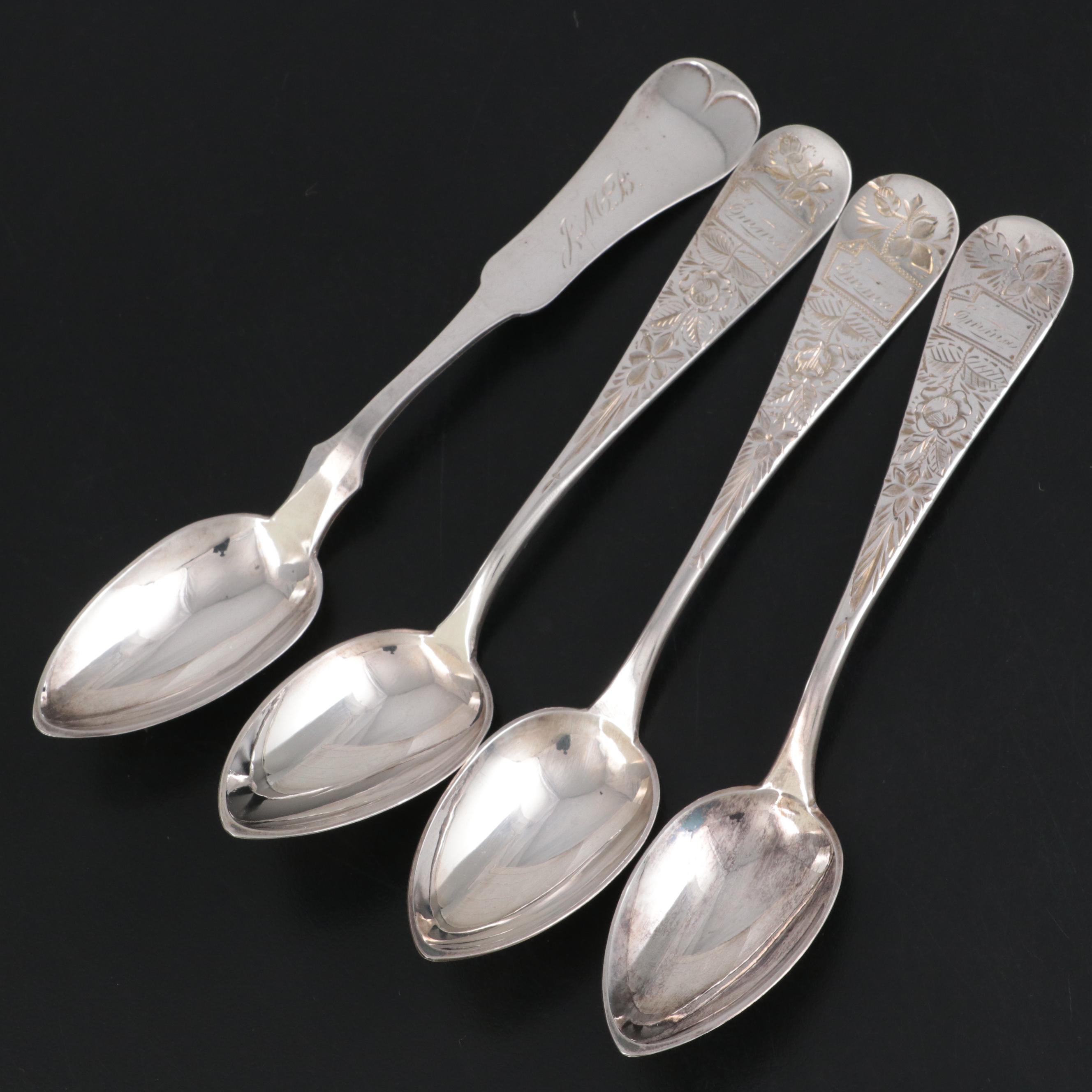 Coin Silver Fruit Spoons with Various Silver Plate Flatware