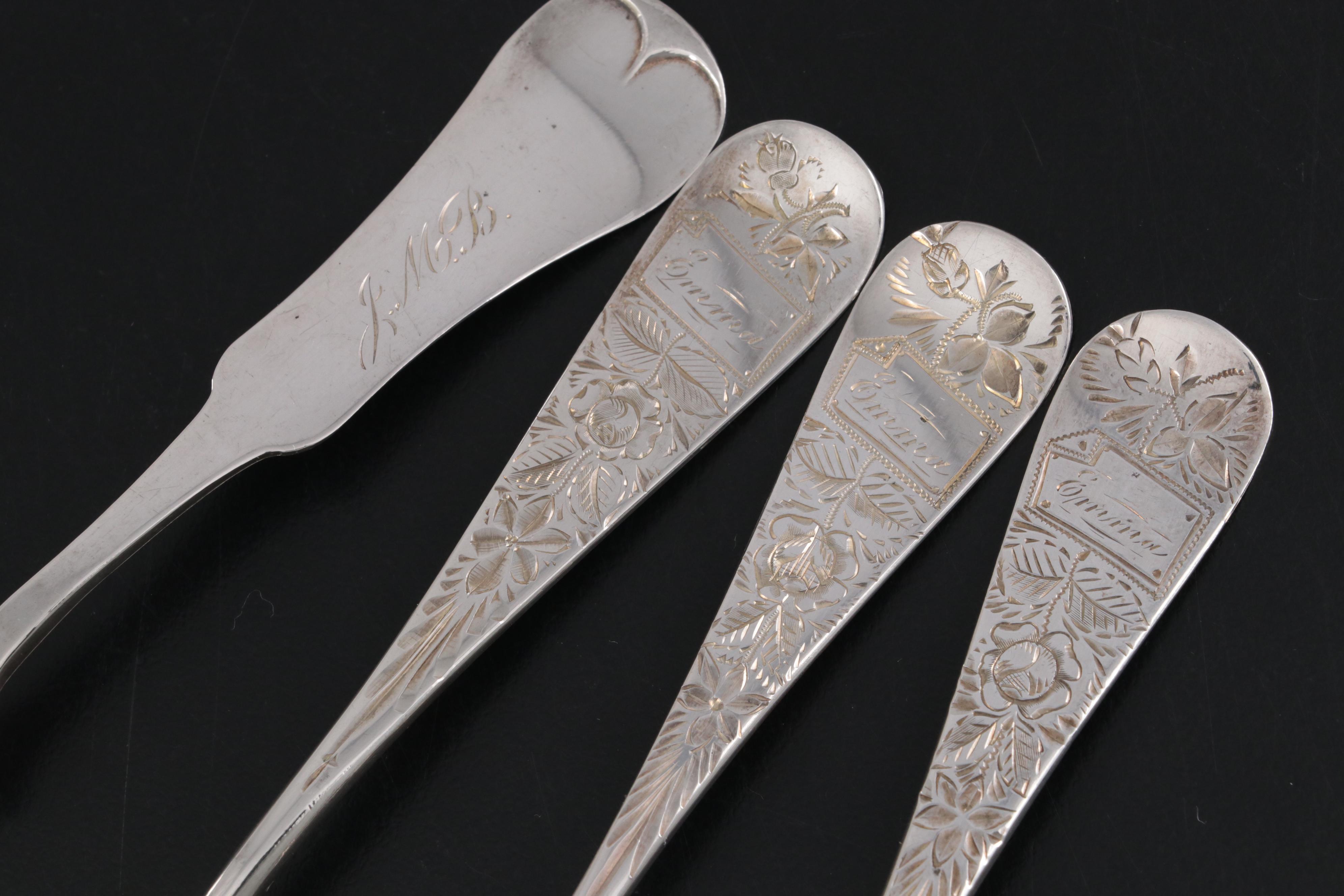 Coin Silver Fruit Spoons with Various Silver Plate Flatware