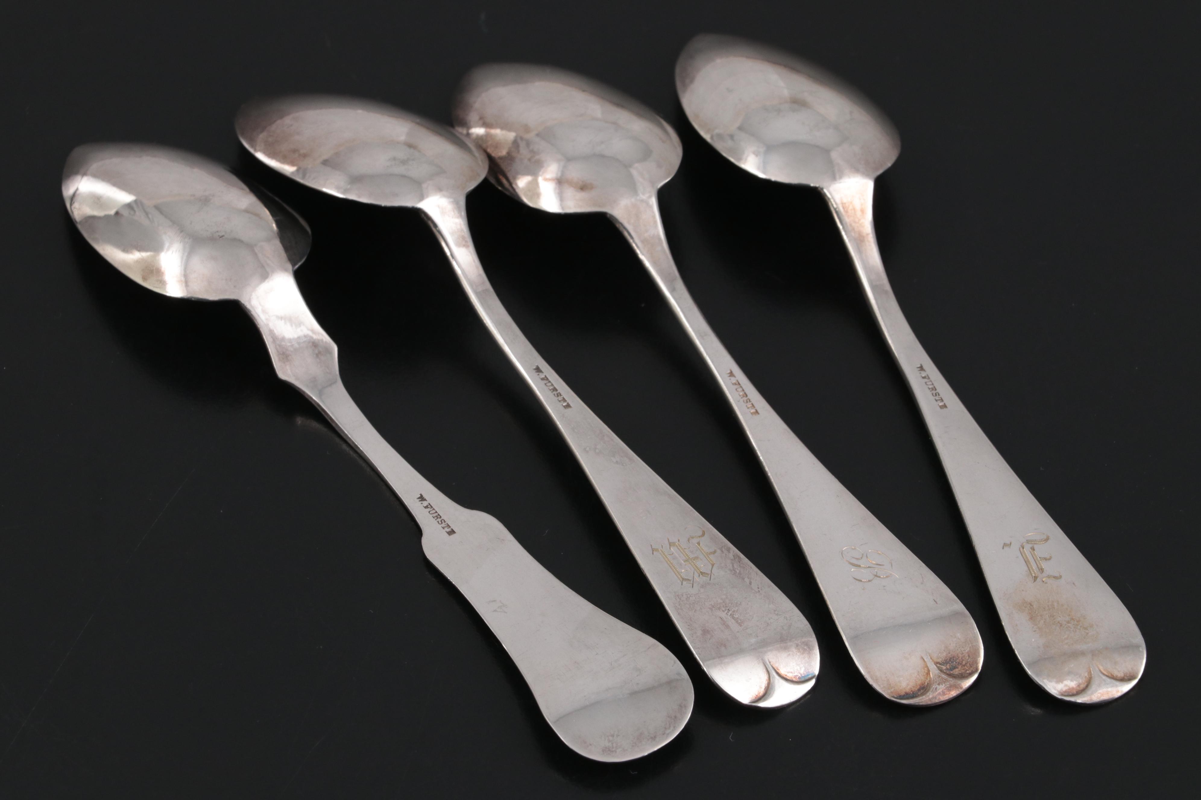 Coin Silver Fruit Spoons with Various Silver Plate Flatware