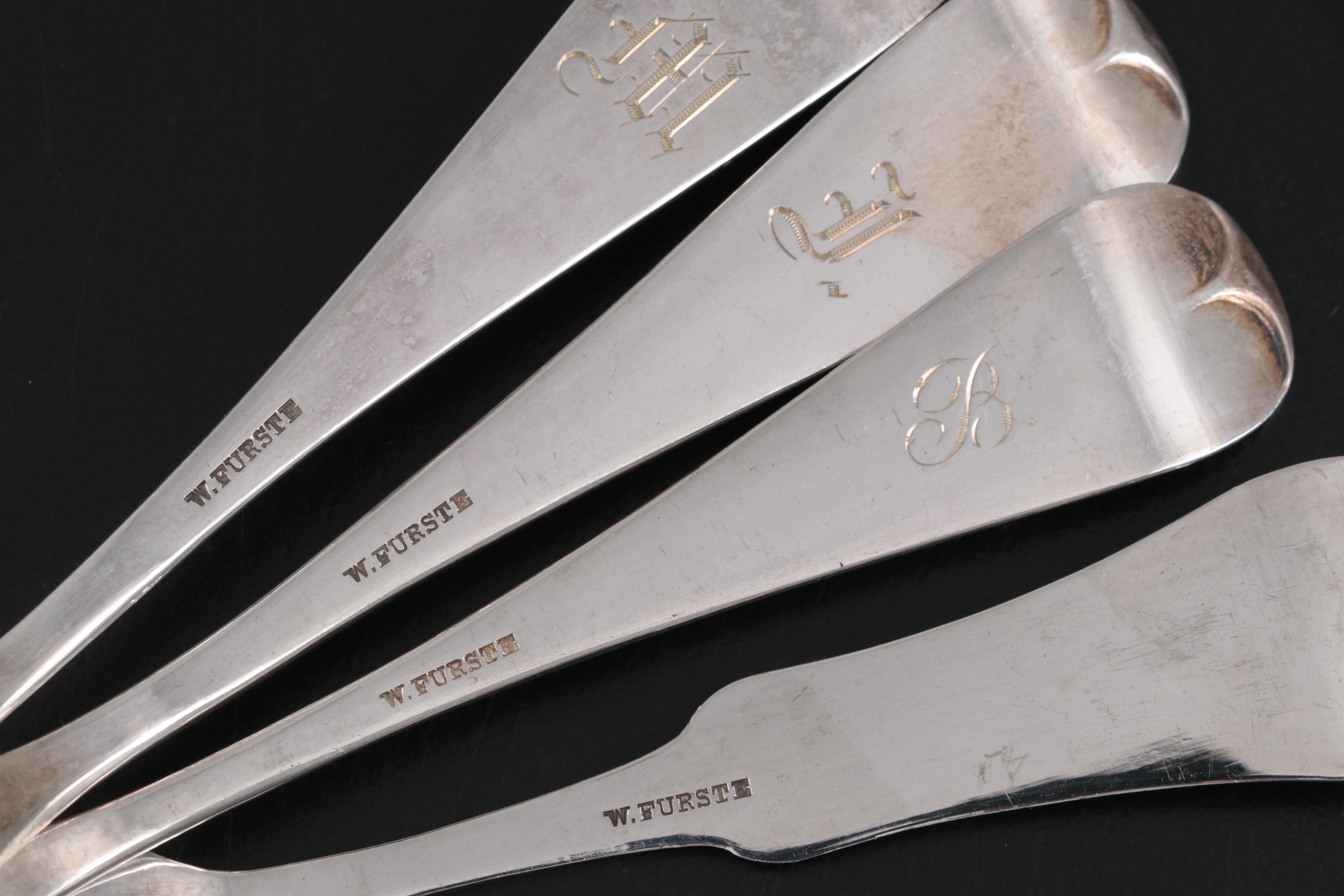 Coin Silver Fruit Spoons with Various Silver Plate Flatware