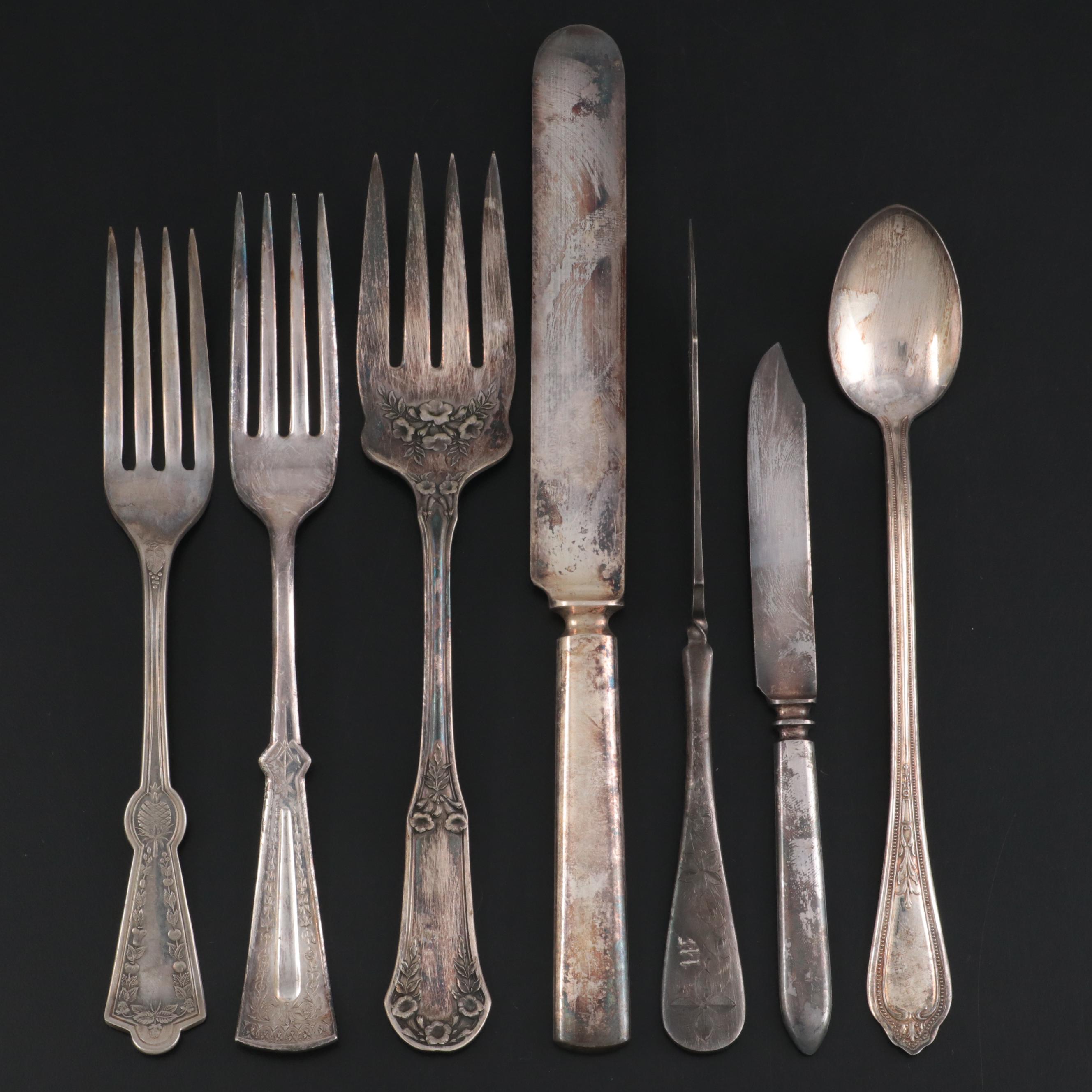 Coin Silver Fruit Spoons with Various Silver Plate Flatware