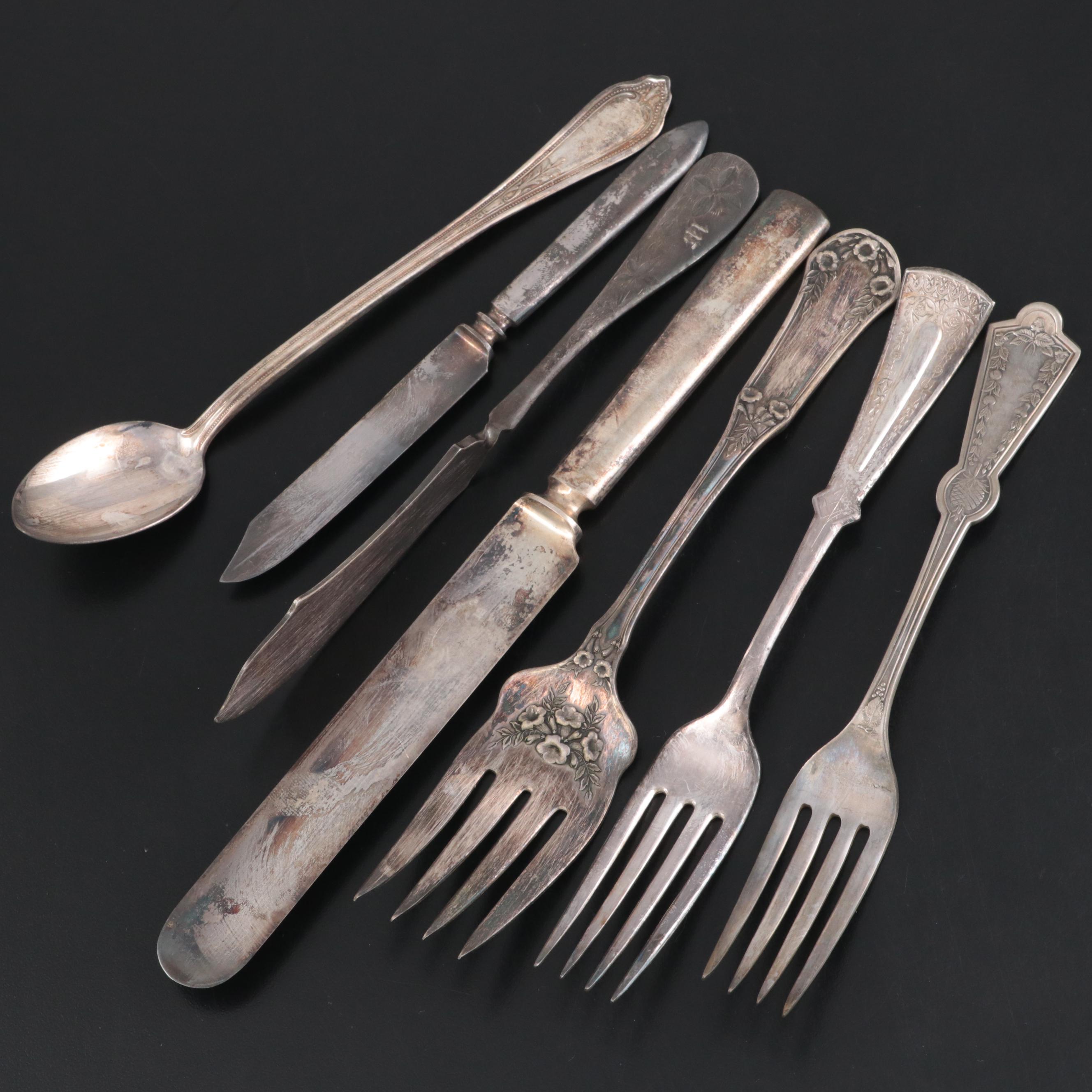 Coin Silver Fruit Spoons with Various Silver Plate Flatware
