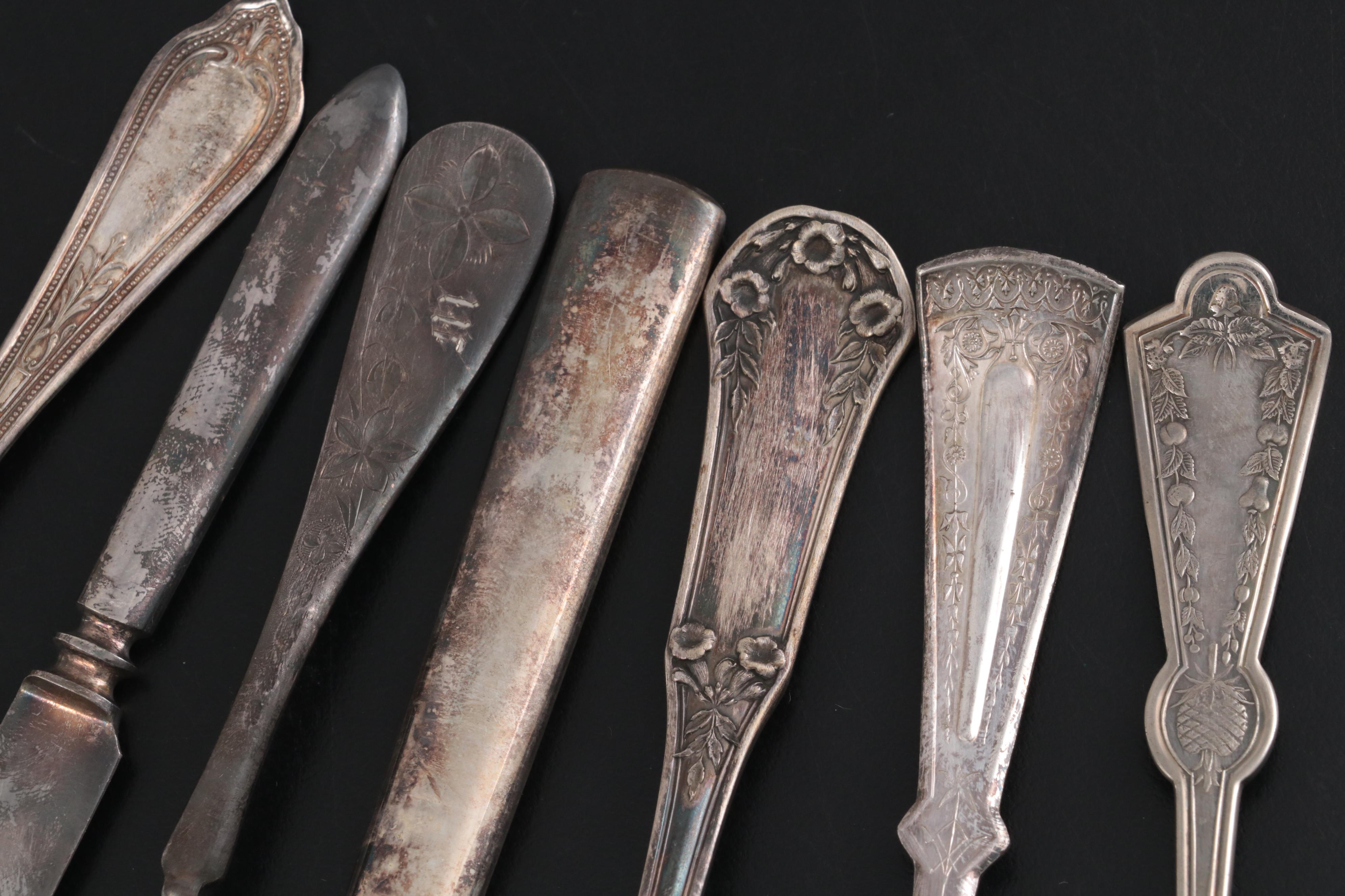 Coin Silver Fruit Spoons with Various Silver Plate Flatware